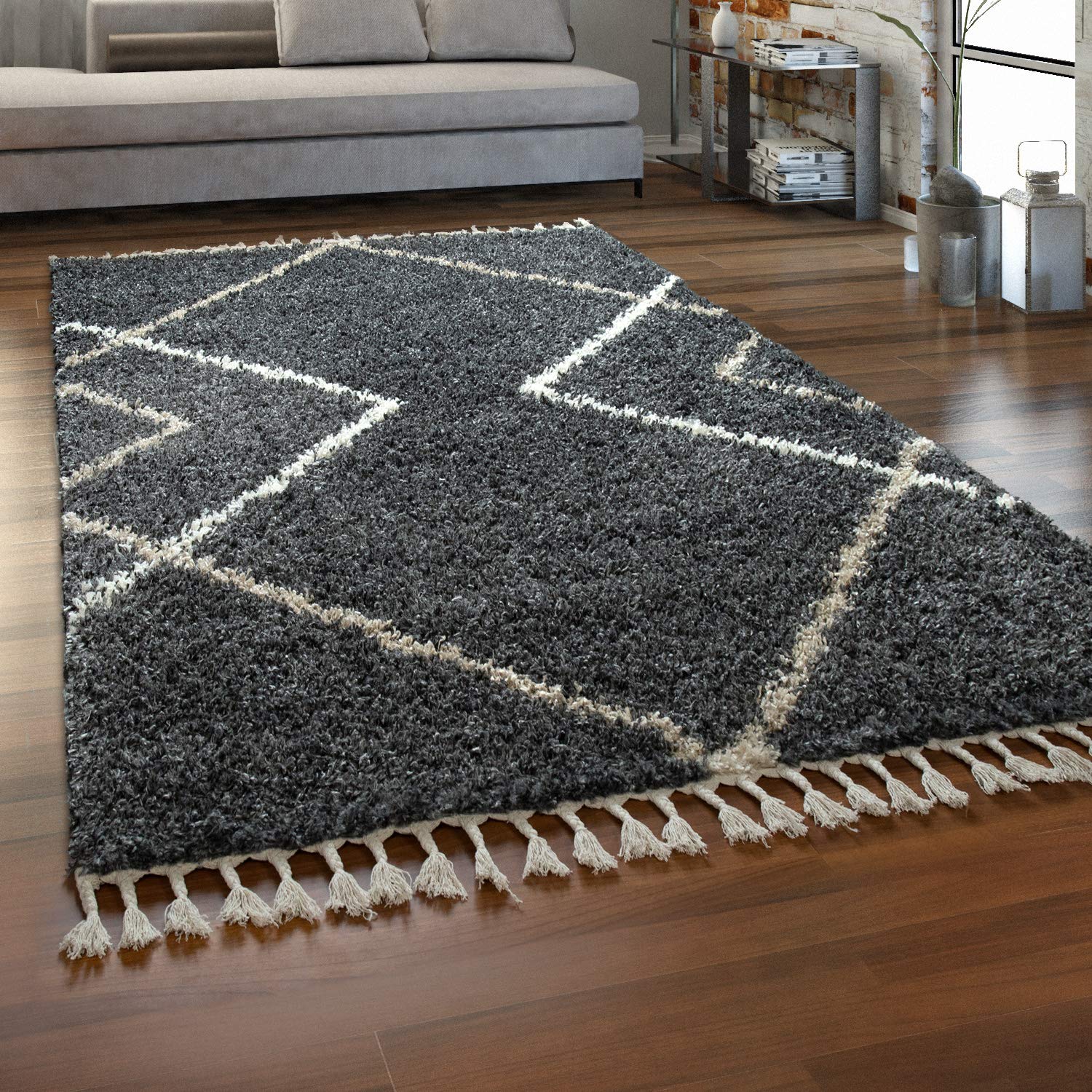 paco-home-shaggy-hochflor-teppich-grau-anthrazit-rauten-design-skandi-160x220-cm image 1