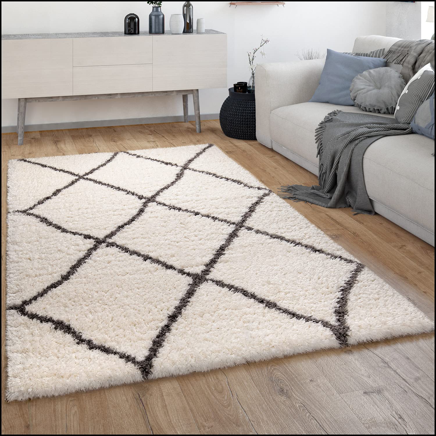 paco-home-hochflor-teppich-shaggy-skandi-rauten-creme-120x160-cm image 7