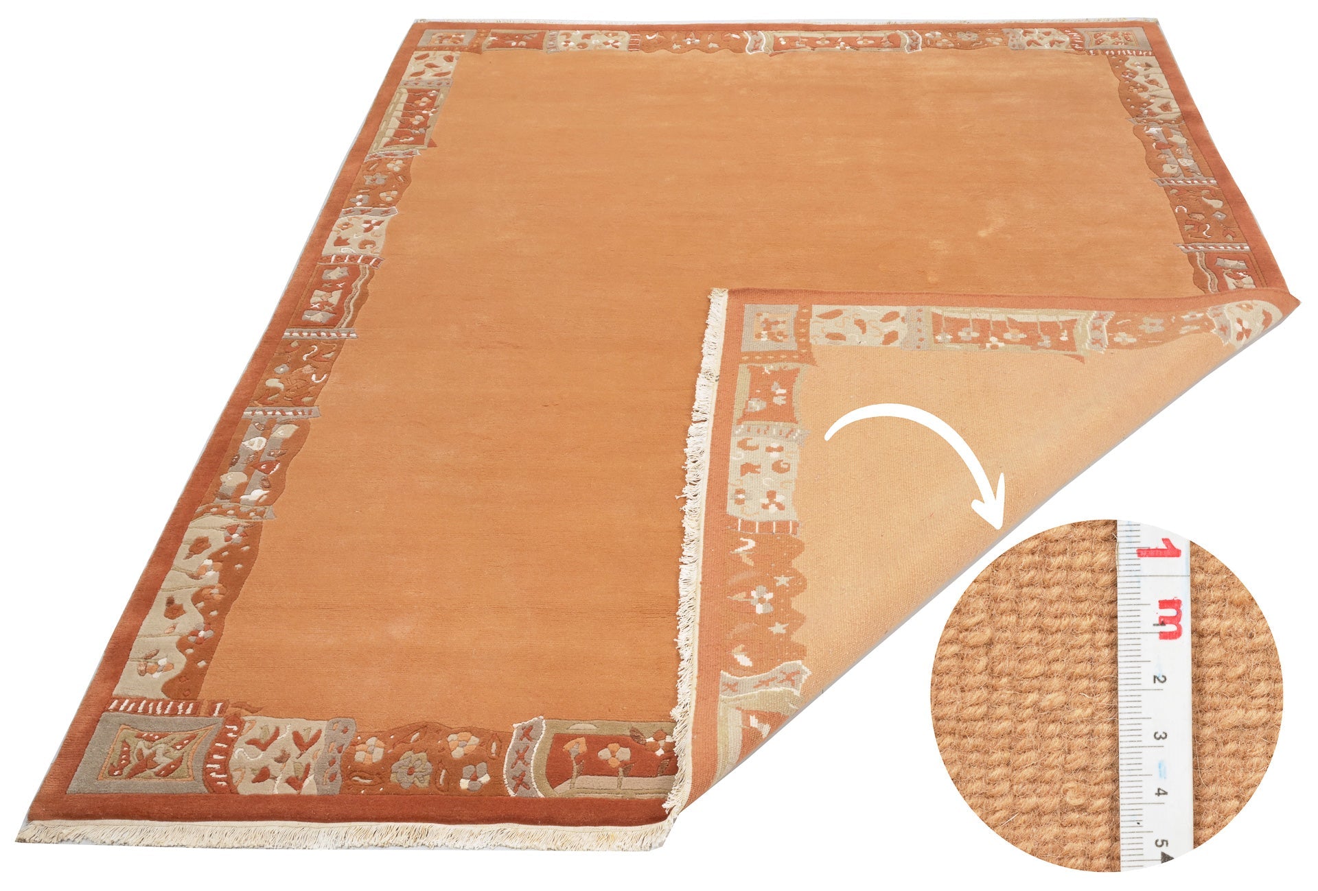 weconhome-handgekn-pfter-tibet-teppich-apricot-mit-retro-bord-re-neuwertig image 2