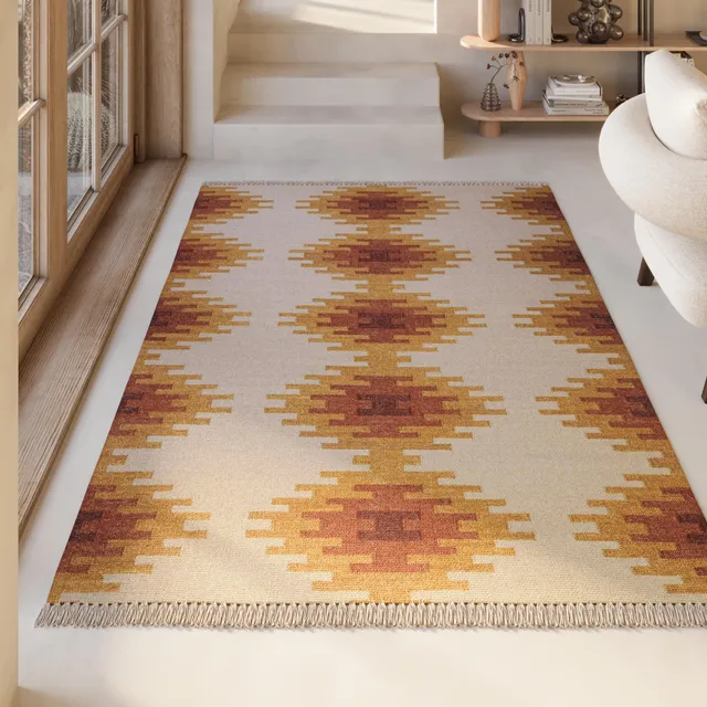 weconhome-belle-green-looop-kelim-teppich-wolle-beige-ocker image 1