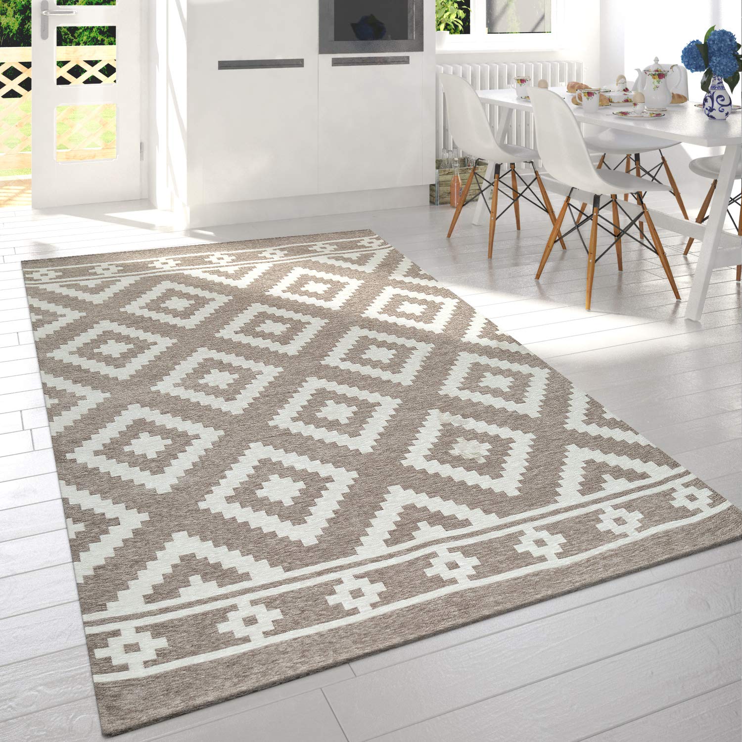 paco-home-wohnzimmer-kurzflor-teppich-skandi-design-rauten-beige-wei-60x110-cm-w image 1
