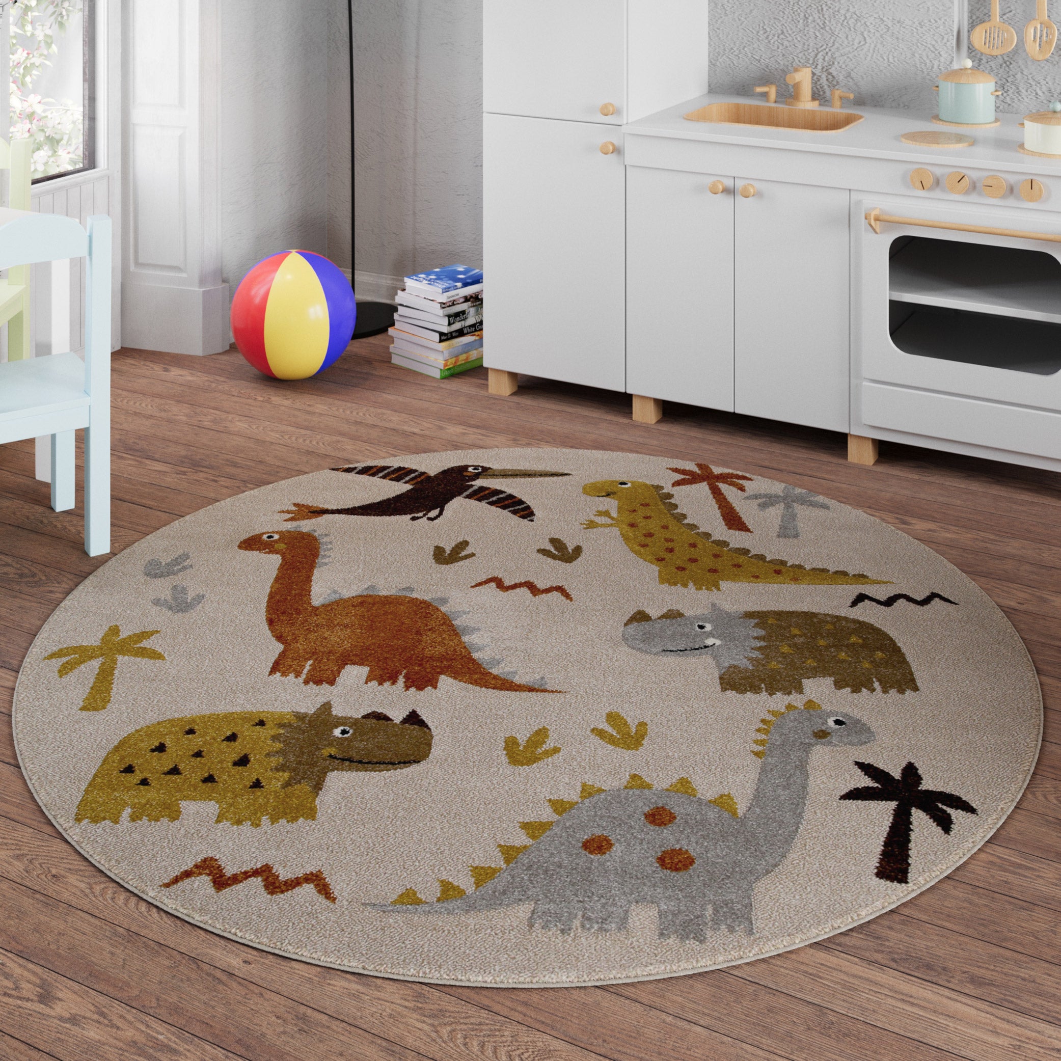weconhome-smart-kids-kinderteppich-rund-sand-beige-meliert-t-rex-friends image 2
