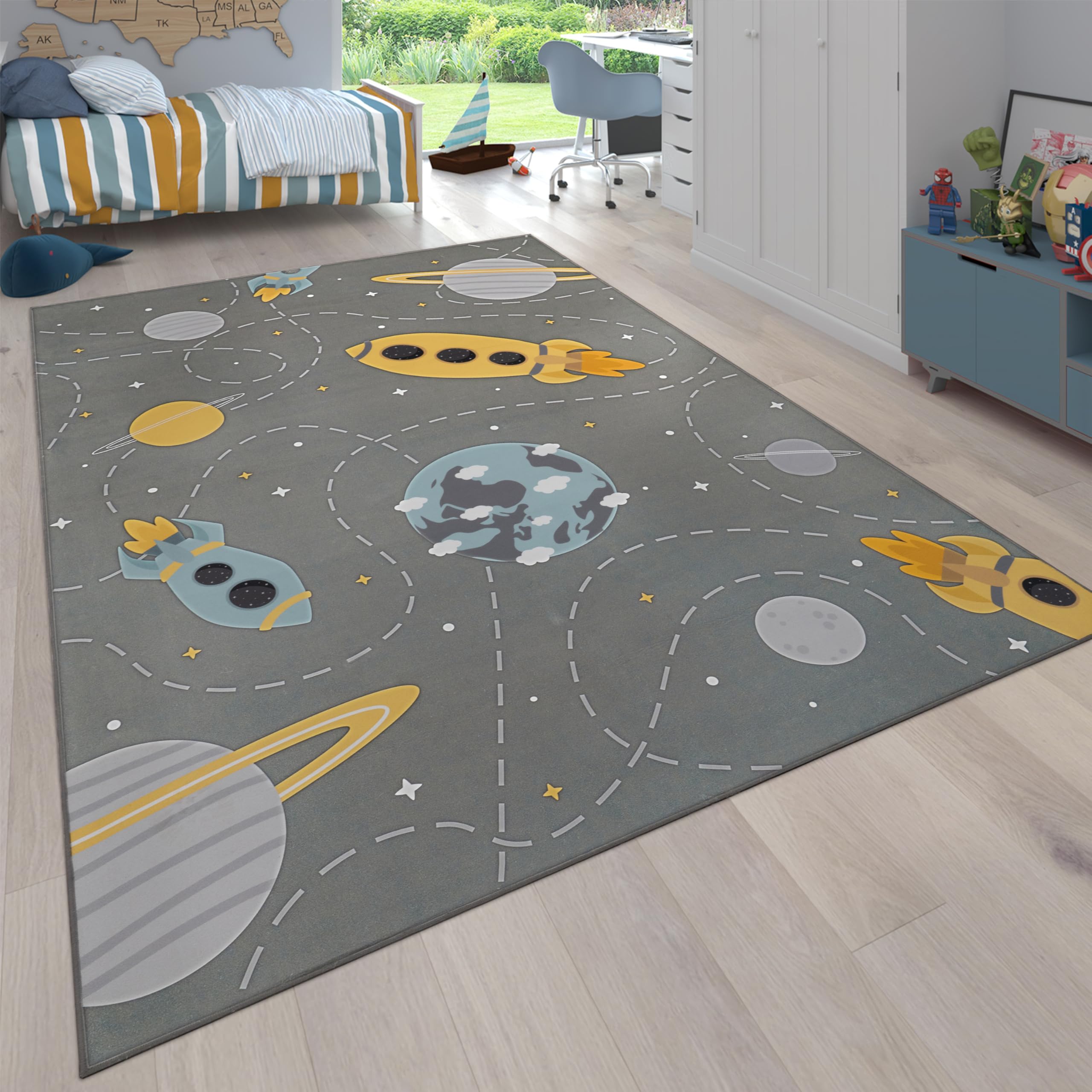 paco-home-kinderzimmer-teppich-kinderteppich-rutschfest-rakete-planet-sterne-140 image 1