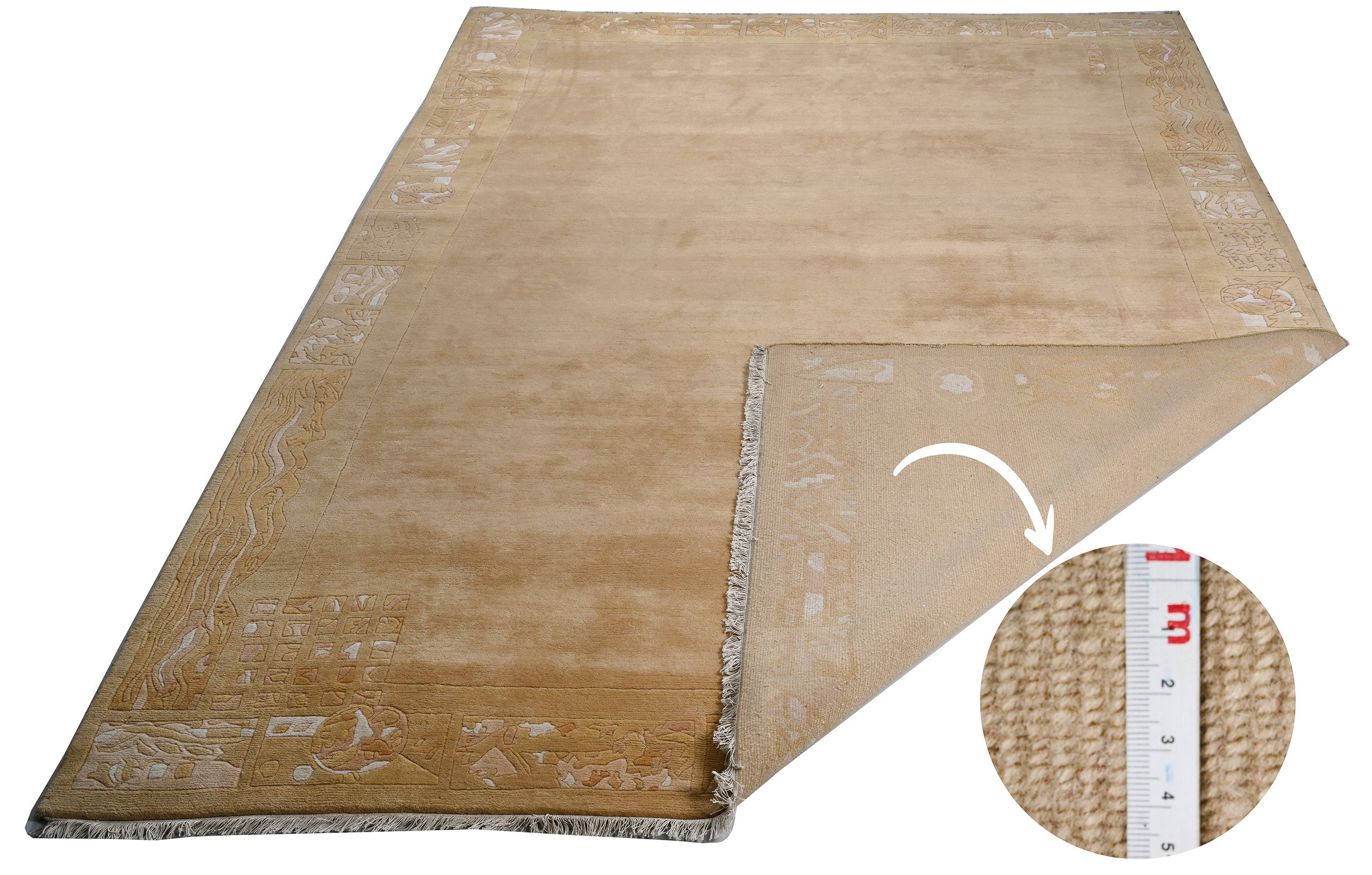 weconhome-handgekn-pfter-tibeter-teppich-gold-gelb-mit-retro-bord-re-neuwertig-2 image 2