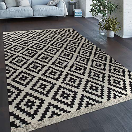 paco-home-skandi-kilim-teppich-60x110-cm-schwarz-wei-rauten-fransen-handgewebt image 5