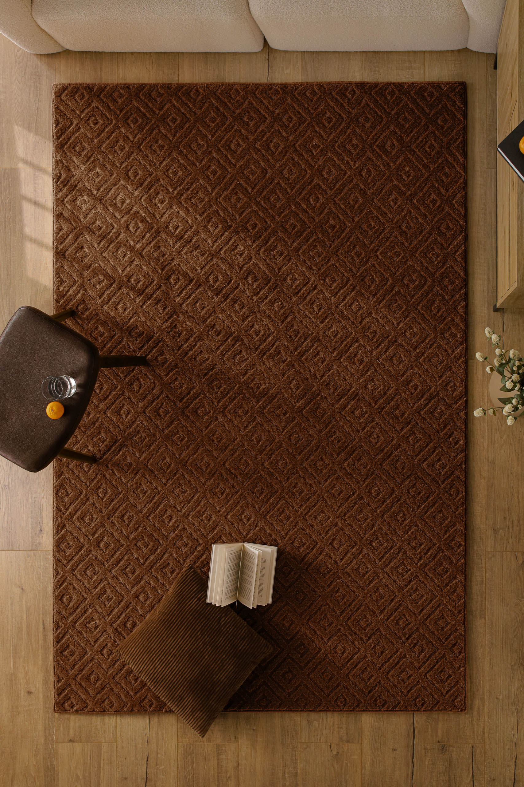 weconhome-castello-two-kurzflor-teppich-braun-schurwolle-rauten image 4