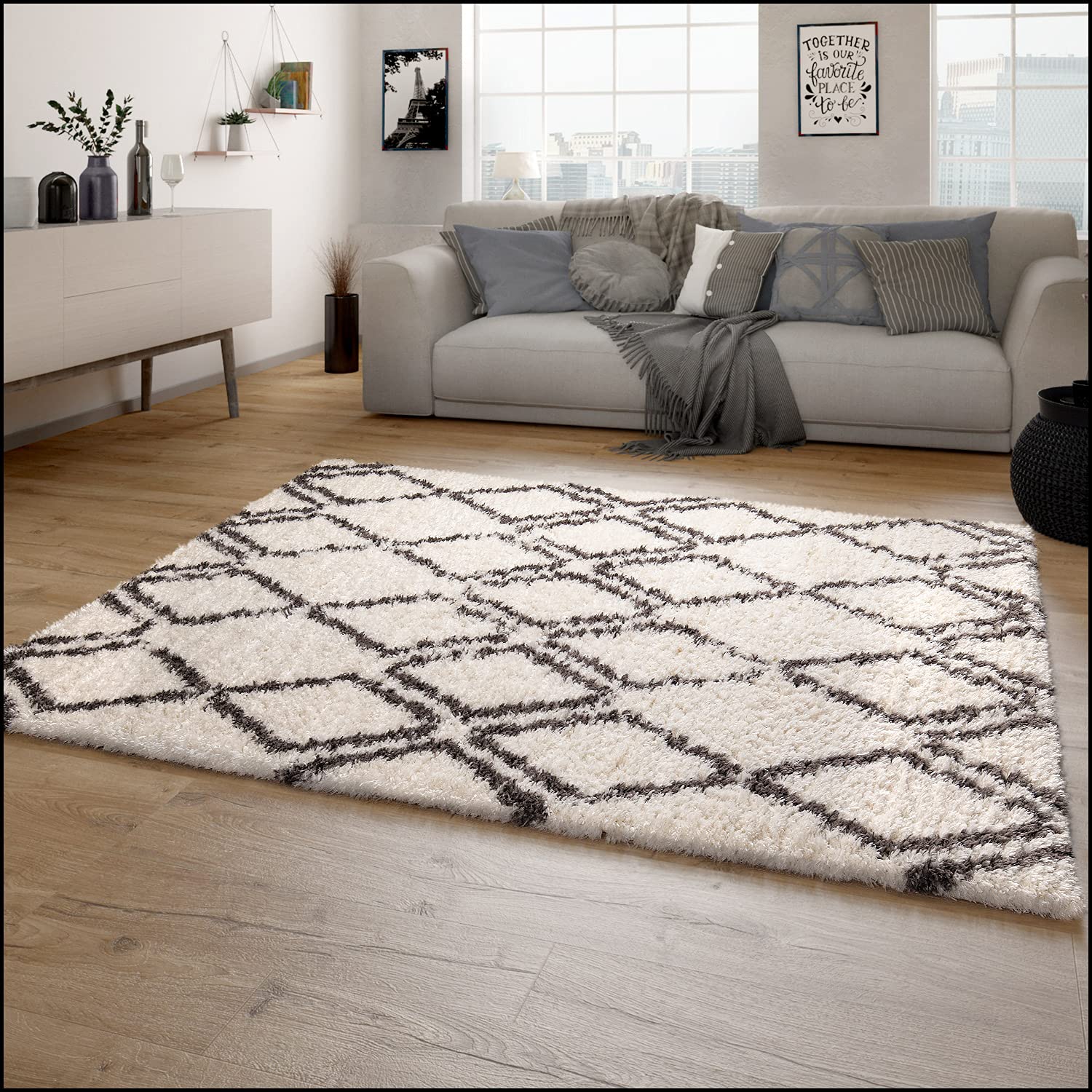 paco-home-hochflor-teppich-shaggy-skandi-rauten-creme-120x160-cm image 2