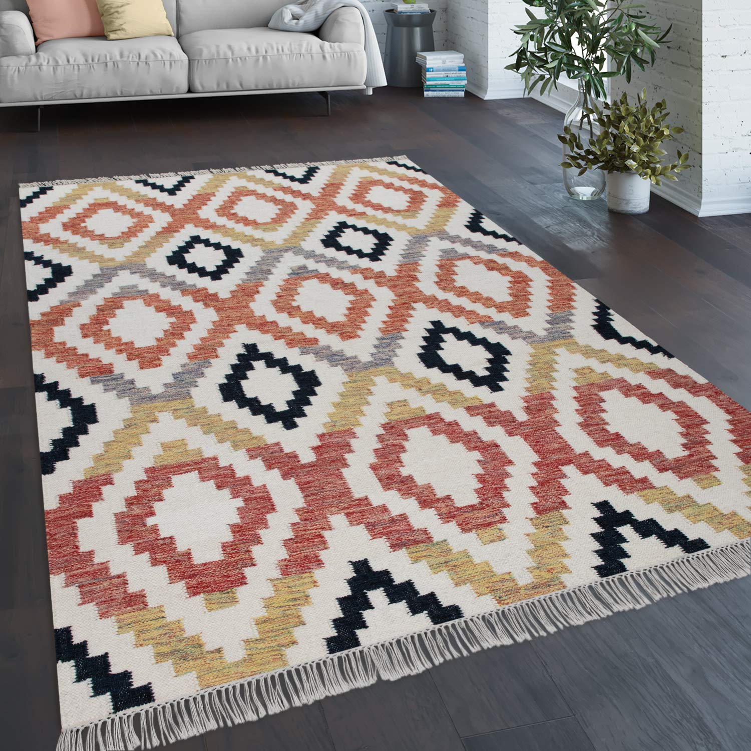 paco-home-skandi-kilim-wolle-rot-schwarz-140x200-cm image 1