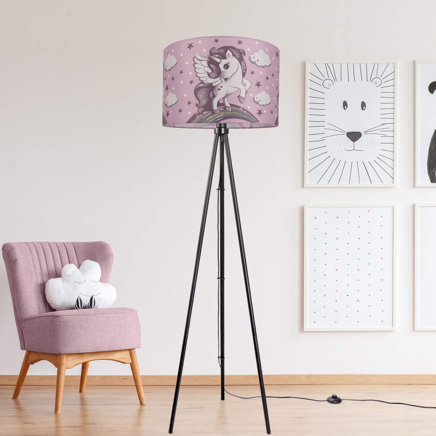 paco-home-kinder-stehlampe-einhorn-dreibeinig-schwarz-schirm-pink-45-5-cm image 2