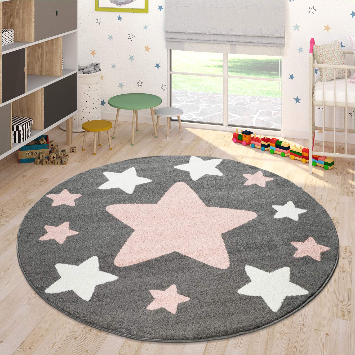paco-home-kinderteppich-sterne-rund-200-cm-in-grau-rosa image 1