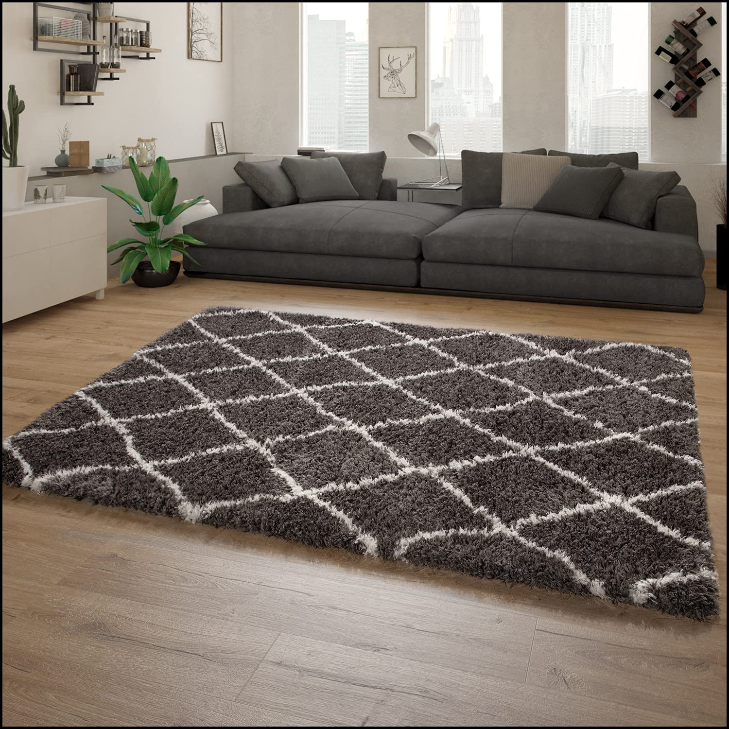 paco-home-shaggy-plus-teppich-grau-rauten-120x160-cm-hochflor image 2