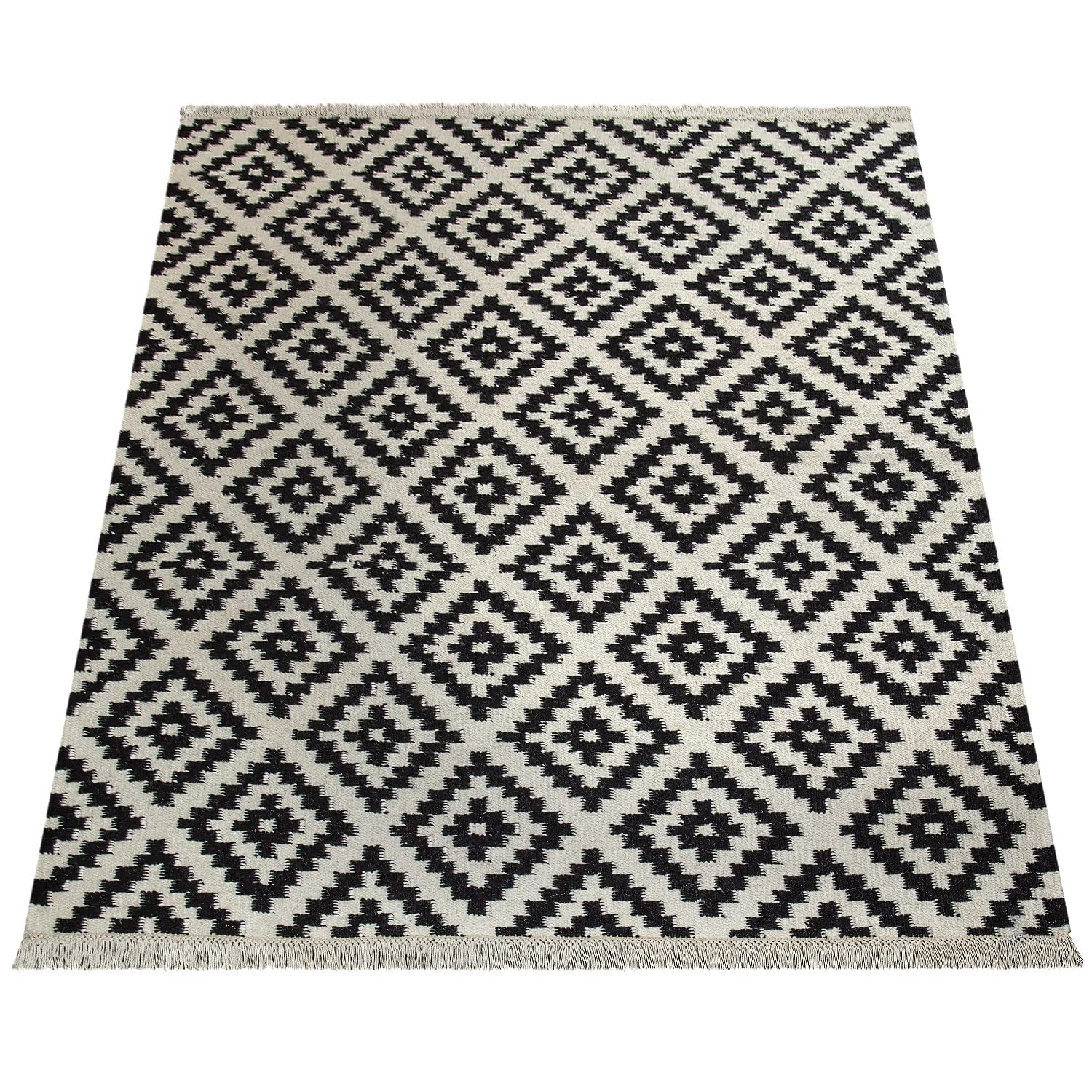 paco-home-skandi-kilim-teppich-60x110-cm-schwarz-wei-rauten-fransen-handgewebt image 4