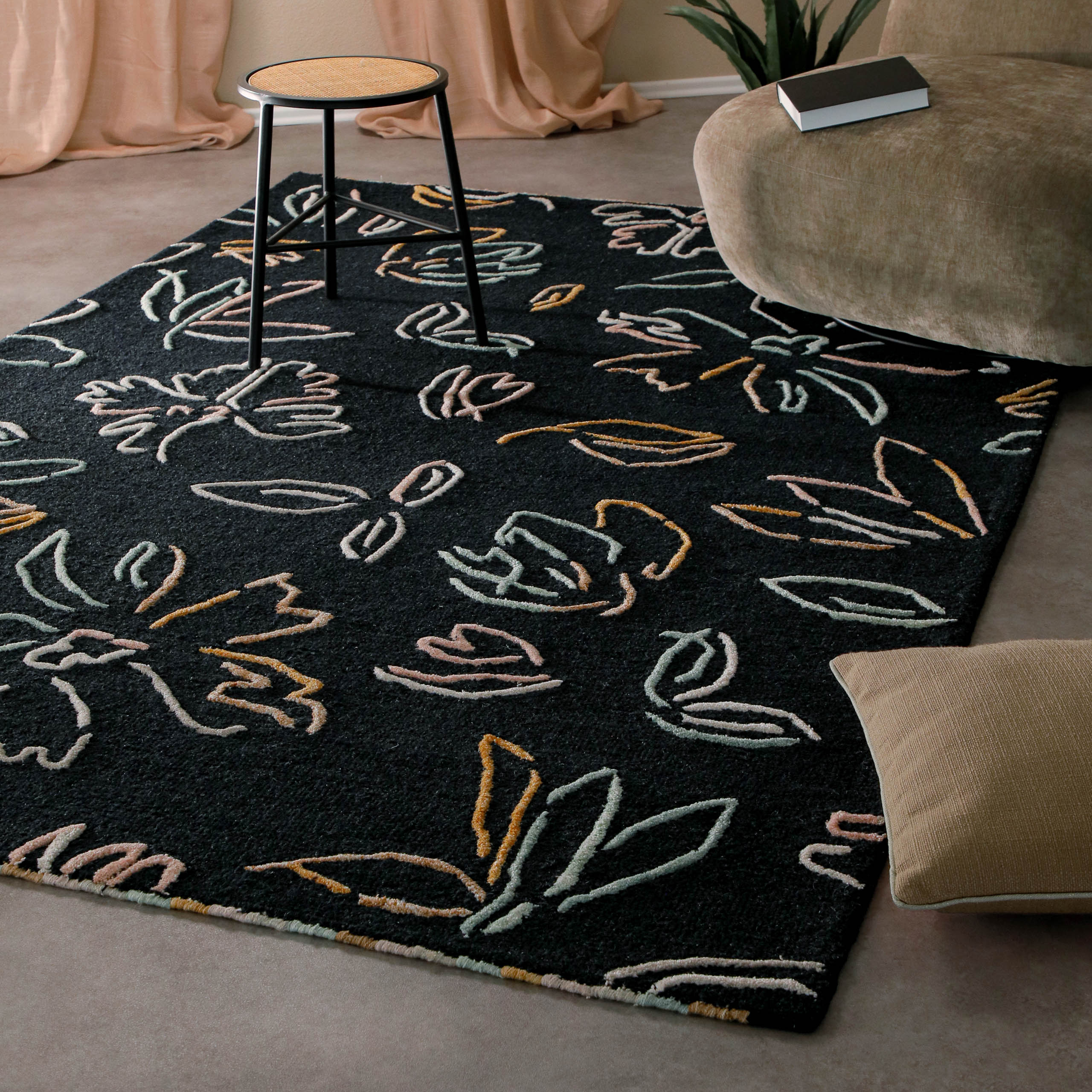 weconhome-vee-kurzflorteppich-anthrazit-schurwolle-floral image 2