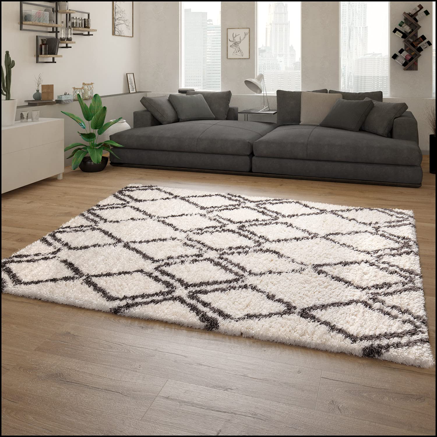 paco-home-hochflor-teppich-shaggy-rauten-grau-creme-60x90-cm-40-mm image 1