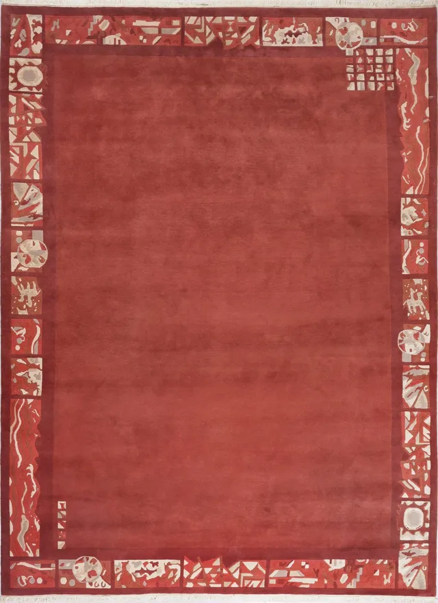 weconhome-handgekn-pfter-tibetischer-teppich-in-rot-mit-retro-bord-re-neuwertig- image 1