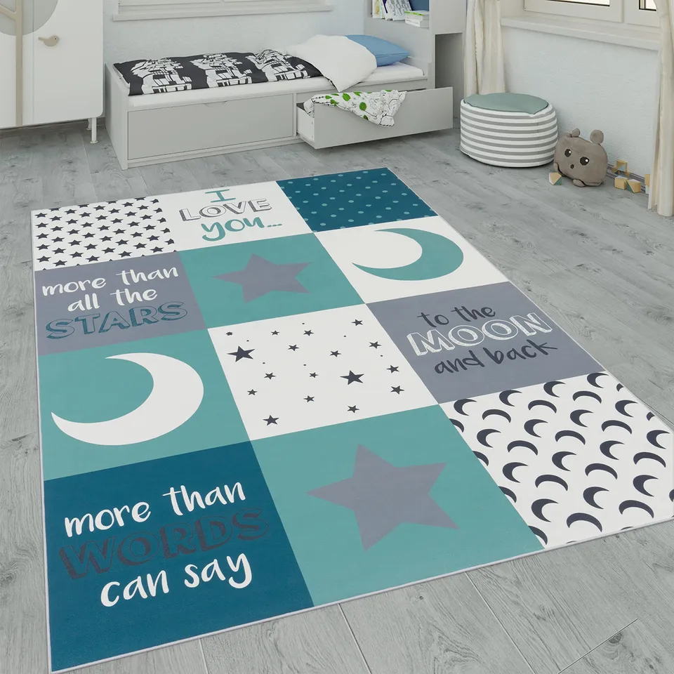 paco-home-ela-kinderteppich-140x200-cm-t-rkis-stern-mond-u-karo image 1