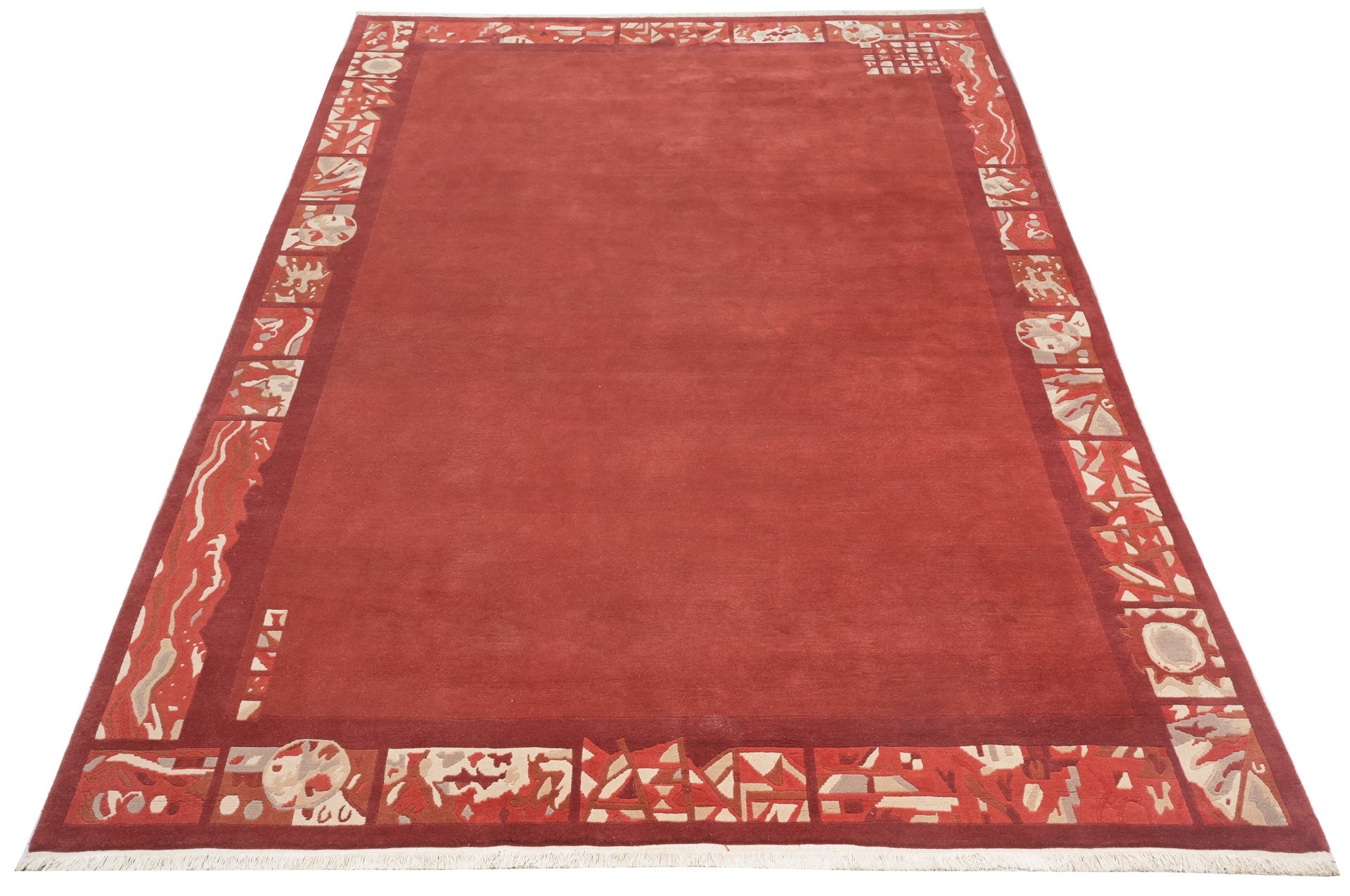 weconhome-handgekn-pfter-tibetischer-teppich-in-rot-mit-retro-bord-re-neuwertig- image 5
