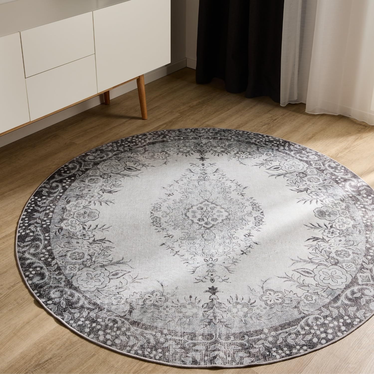 benuta-basic-waschbarer-teppich-george-schwarz-grau-120-cm-rund-kunstfaser-vinta image 1
