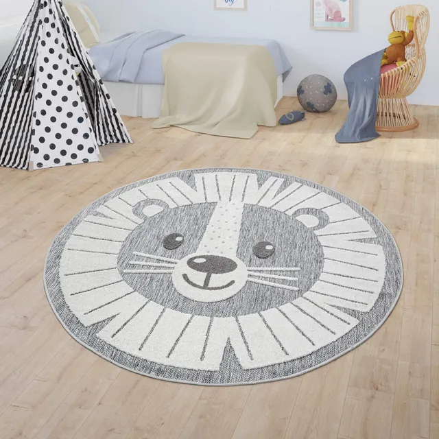 paco-home-kinderteppich-rund-grau-120-cm-3d-effekt-tiermotiv image 1