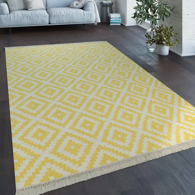 paco-home-skandi-kilim-teppich-handgewebt-rauten-gelb-wei-80x150-cm image 1