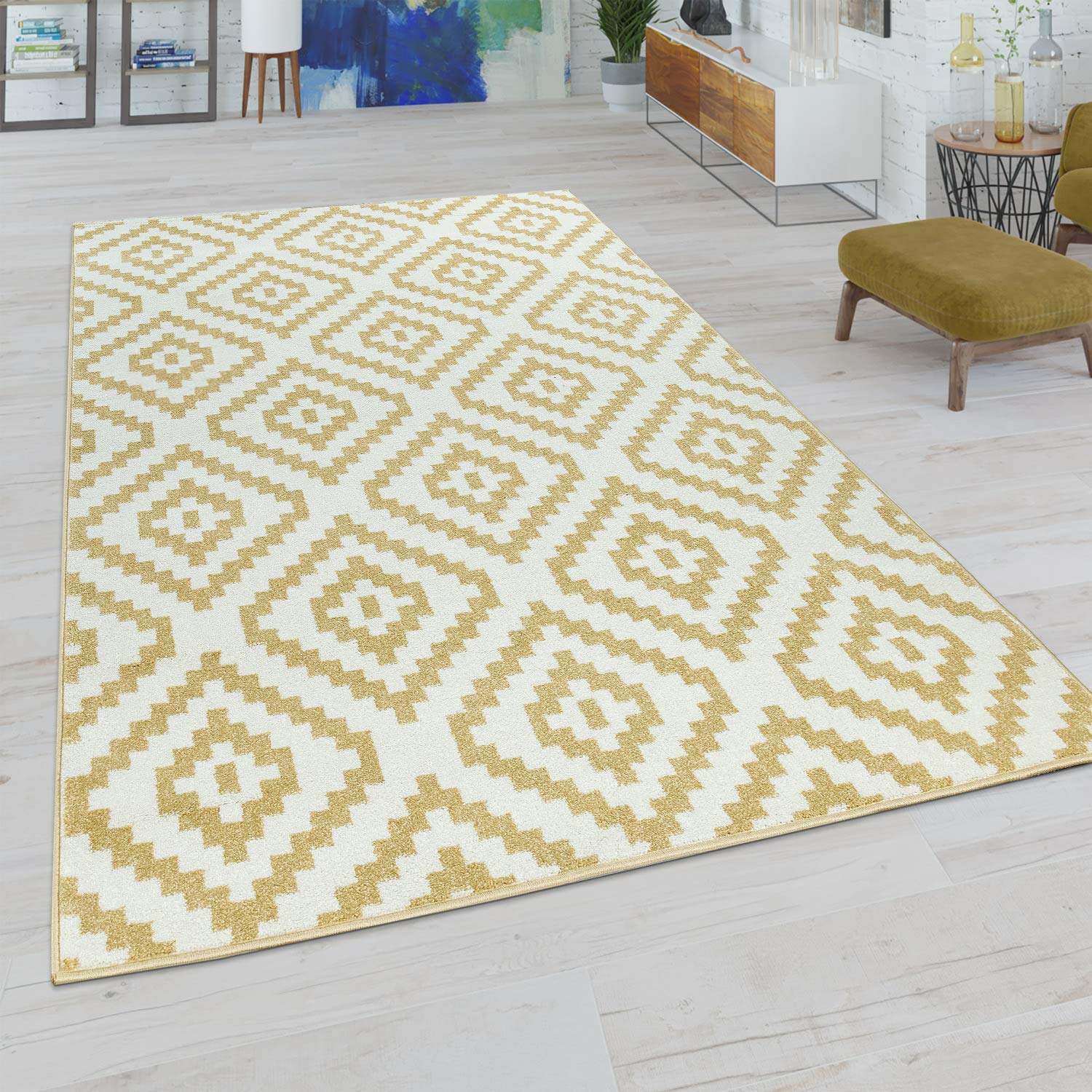 paco-home-wohnzimmer-teppich-rauten-muster-pastell-gelb-wei-60x100-cm-boho-ethno image 1