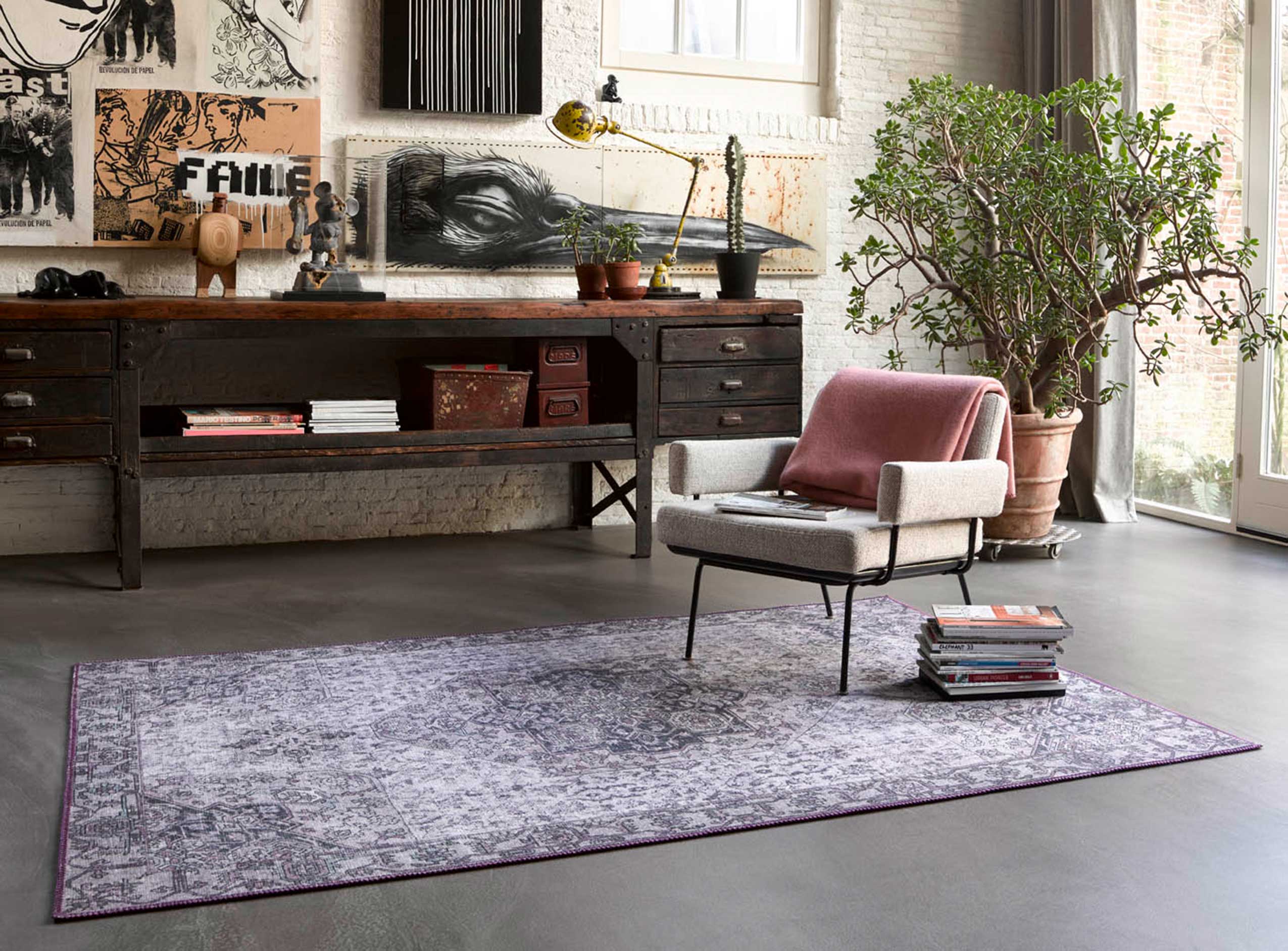 weconhome-vintage-teppich-synchronize-flieder-grau-gewebt-oeko-tex-boho-stil image 4