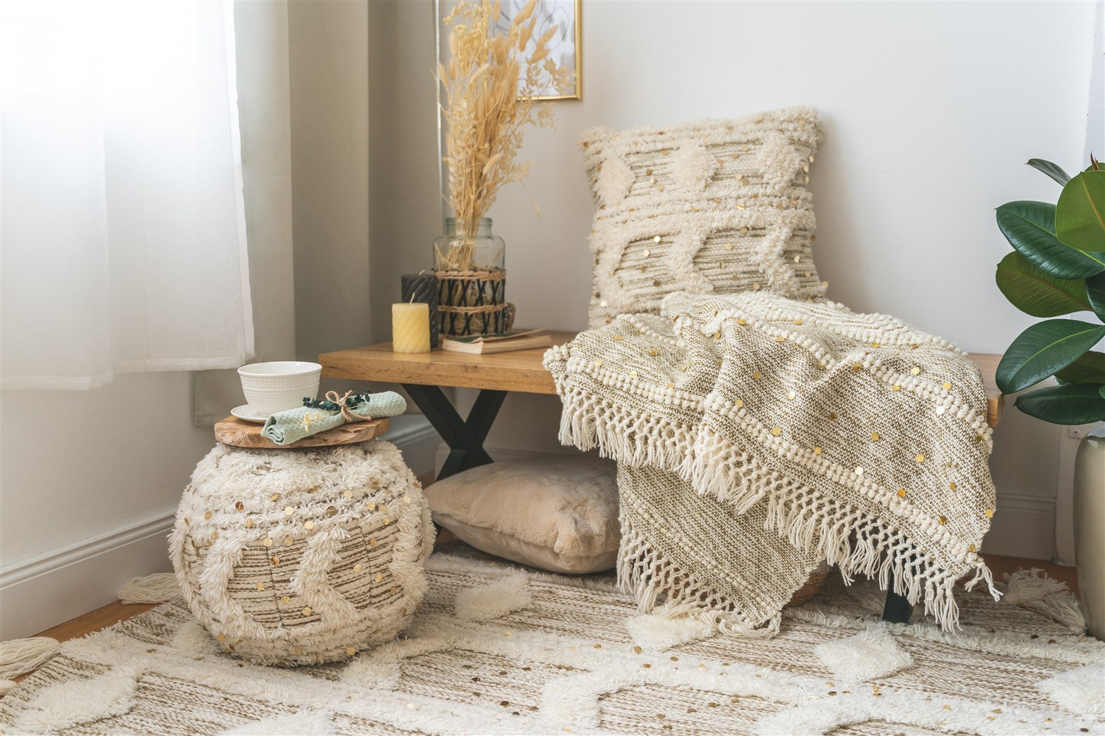 kayoom-decke-bohist-425-creme-khaki-kuscheldecke-aus-wolle-im-boho-stil-mit-fran image 2