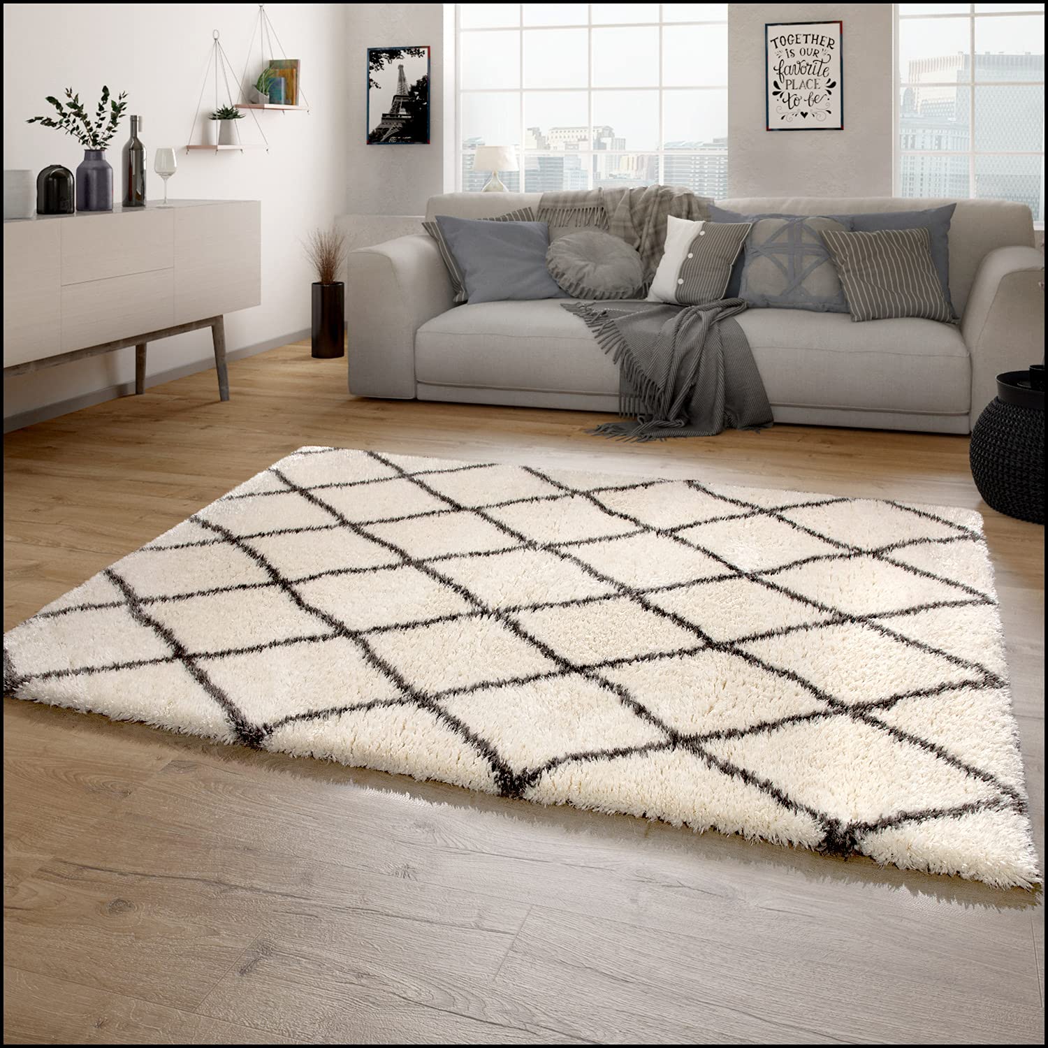 paco-home-hochflor-teppich-shaggy-skandi-rauten-creme-120x160-cm image 5