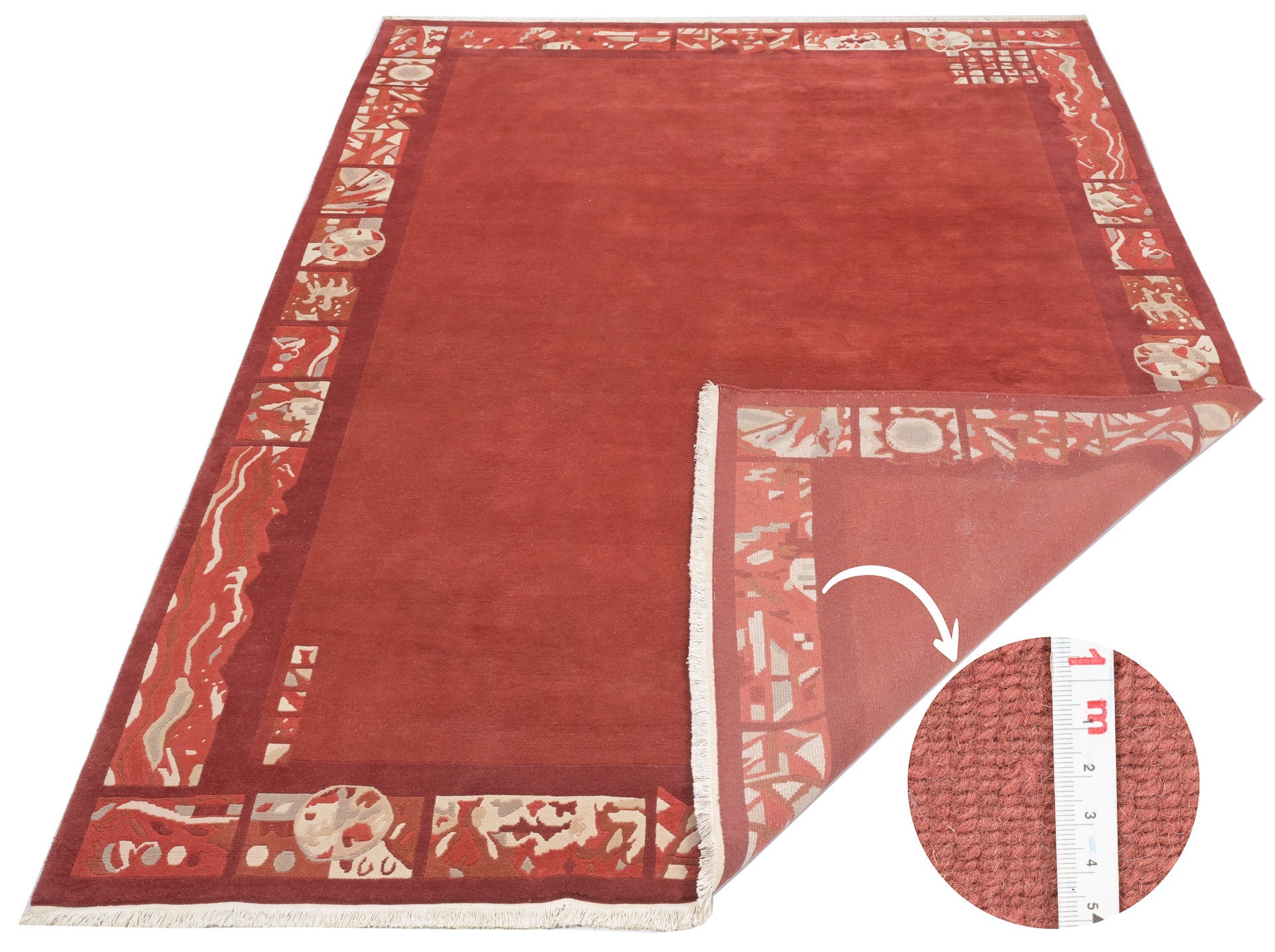 weconhome-handgekn-pfter-tibetischer-teppich-in-rot-mit-retro-bord-re-neuwertig- image 2