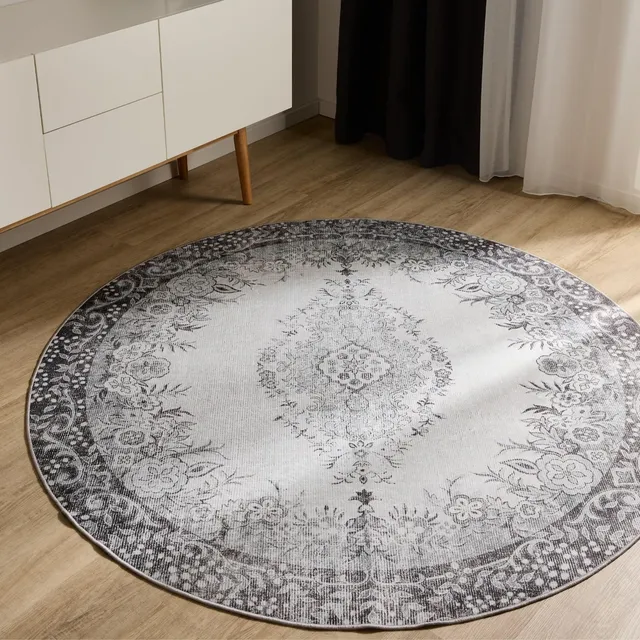 benuta-basic-waschbarer-teppich-george-schwarz-grau-120-cm-rund-kunstfaser-vinta image 1