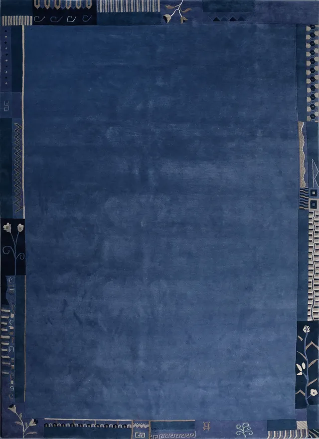 weconhome-retro-bord-re-handkn-pfteppich-wolle-tibet-blau-grau-eckig-neuwertig image 1