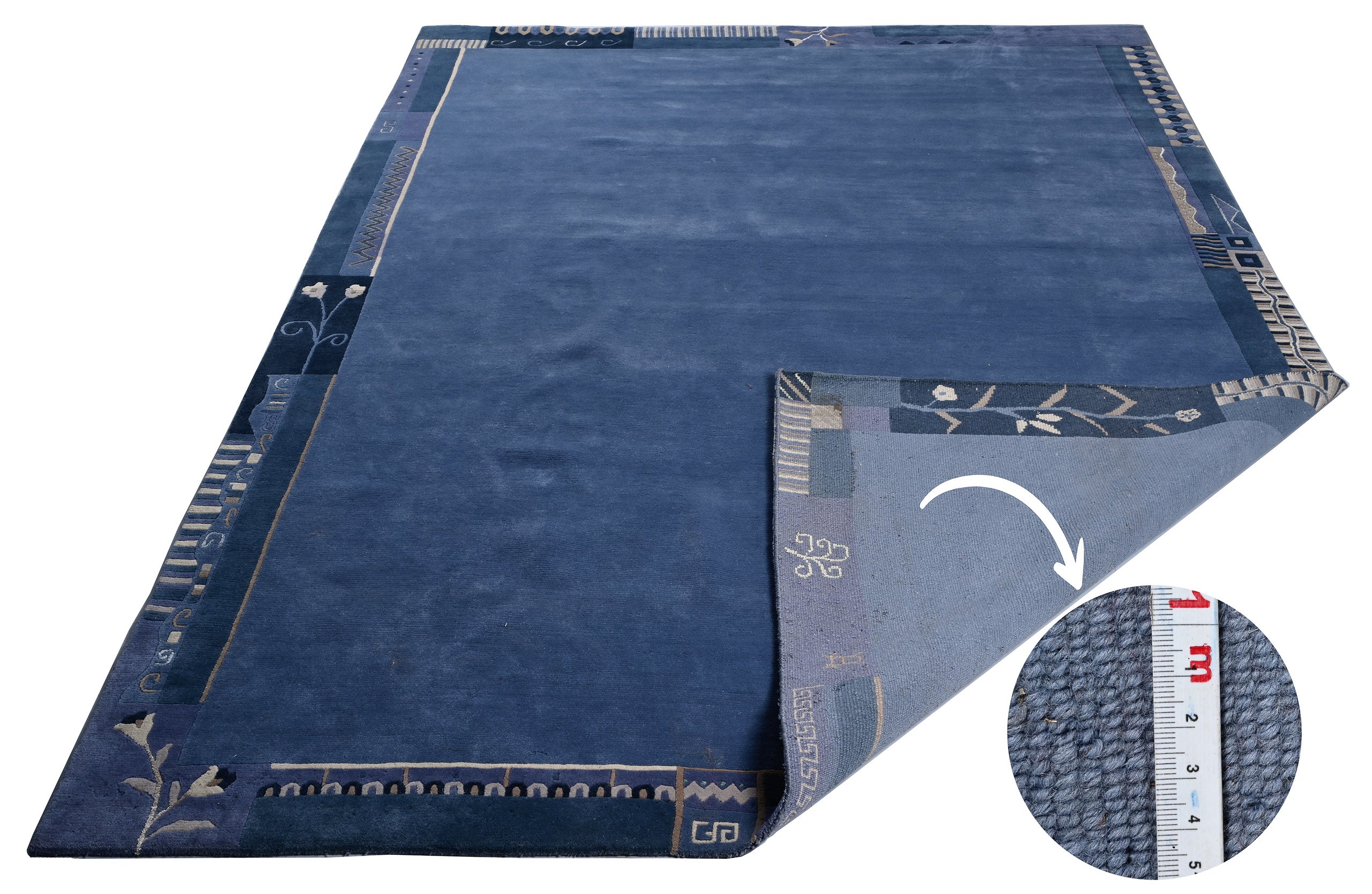 weconhome-retro-bord-re-handkn-pfteppich-wolle-tibet-blau-grau-eckig-neuwertig image 2