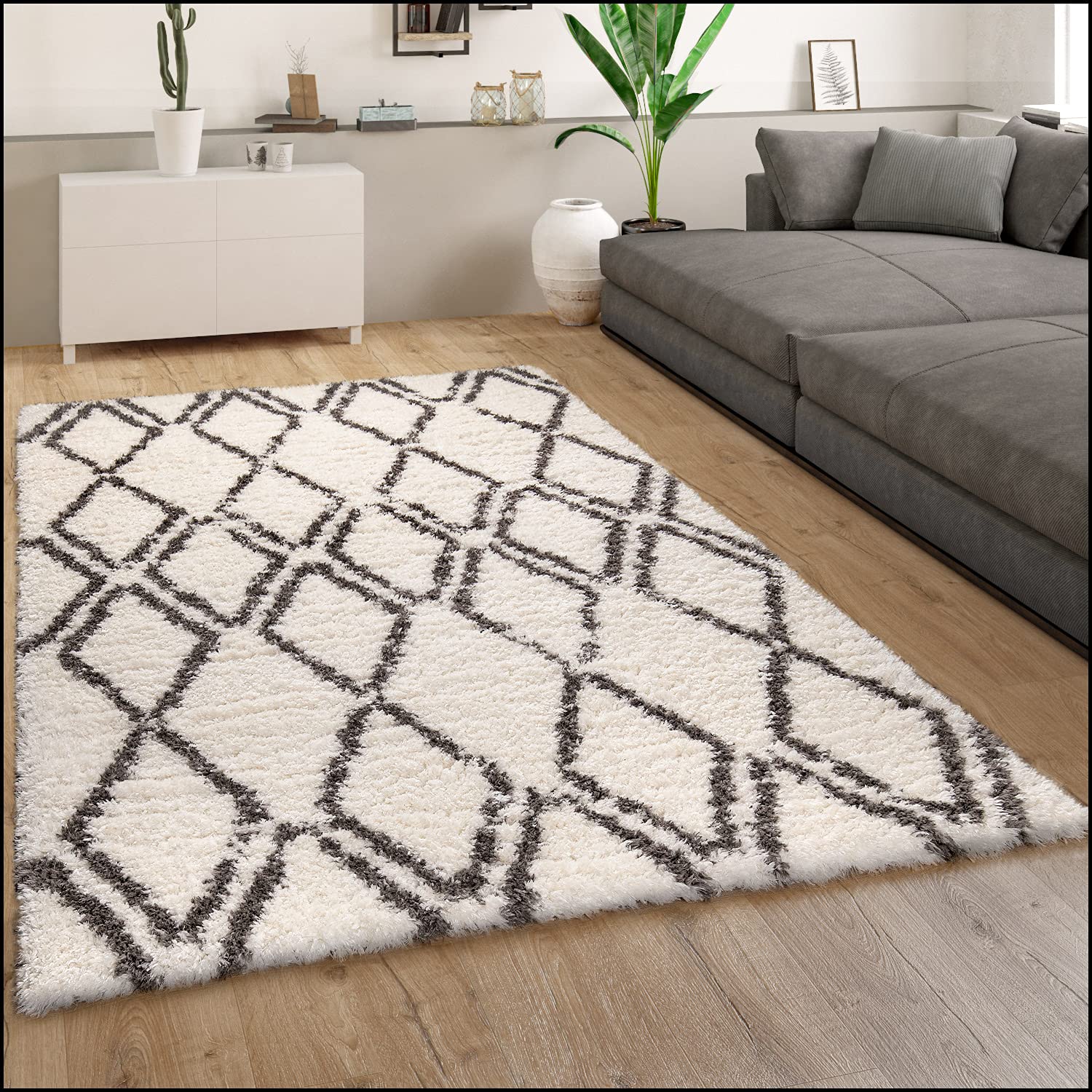 paco-home-hochflor-teppich-shaggy-rauten-grau-creme-60x90-cm-40-mm image 2