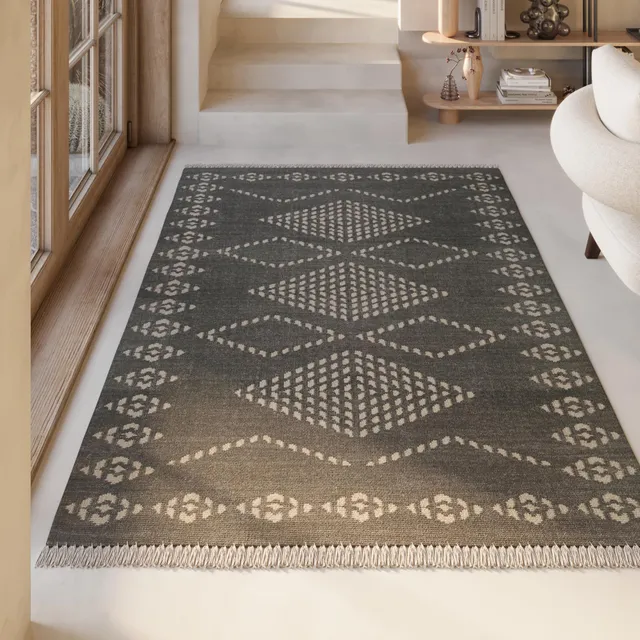 weconhome-green-looop-kelim-teppich-belmont-dunkelgrau-100-wolle-handgewebt-80x1 image 1