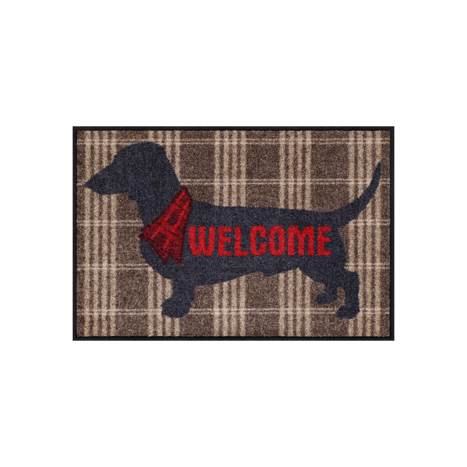 salonloewe-welcome-dog-eingangsmatte-50-x-75-cm-dackel-motiv-im-karomuster image 1