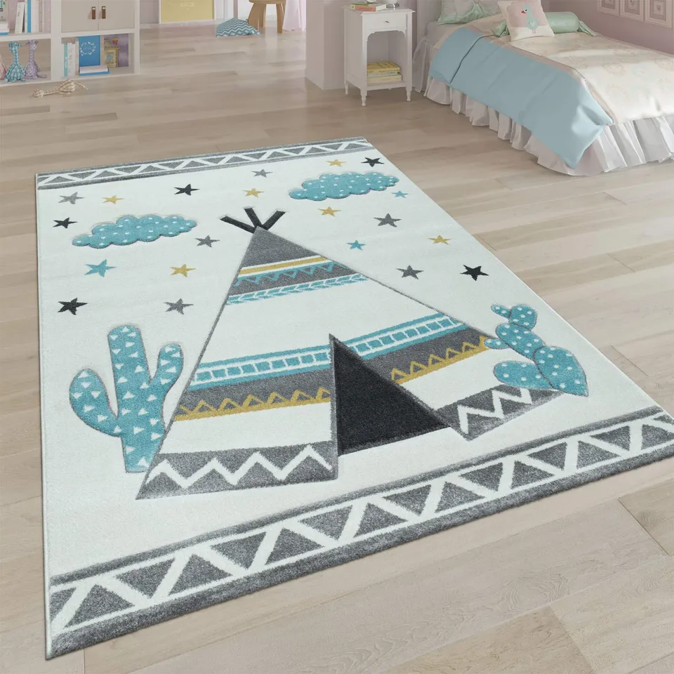 paco-home-kinder-teppich-indianer-zelt-3-d-140x200-cm-cream-grau-pastell image 1