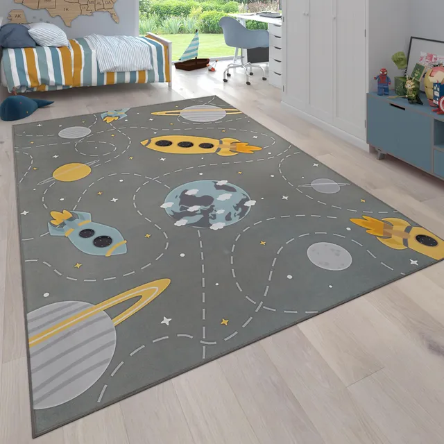 paco-home-kinderzimmer-teppich-kinderteppich-rutschfest-rakete-planet-sterne-140 image 1