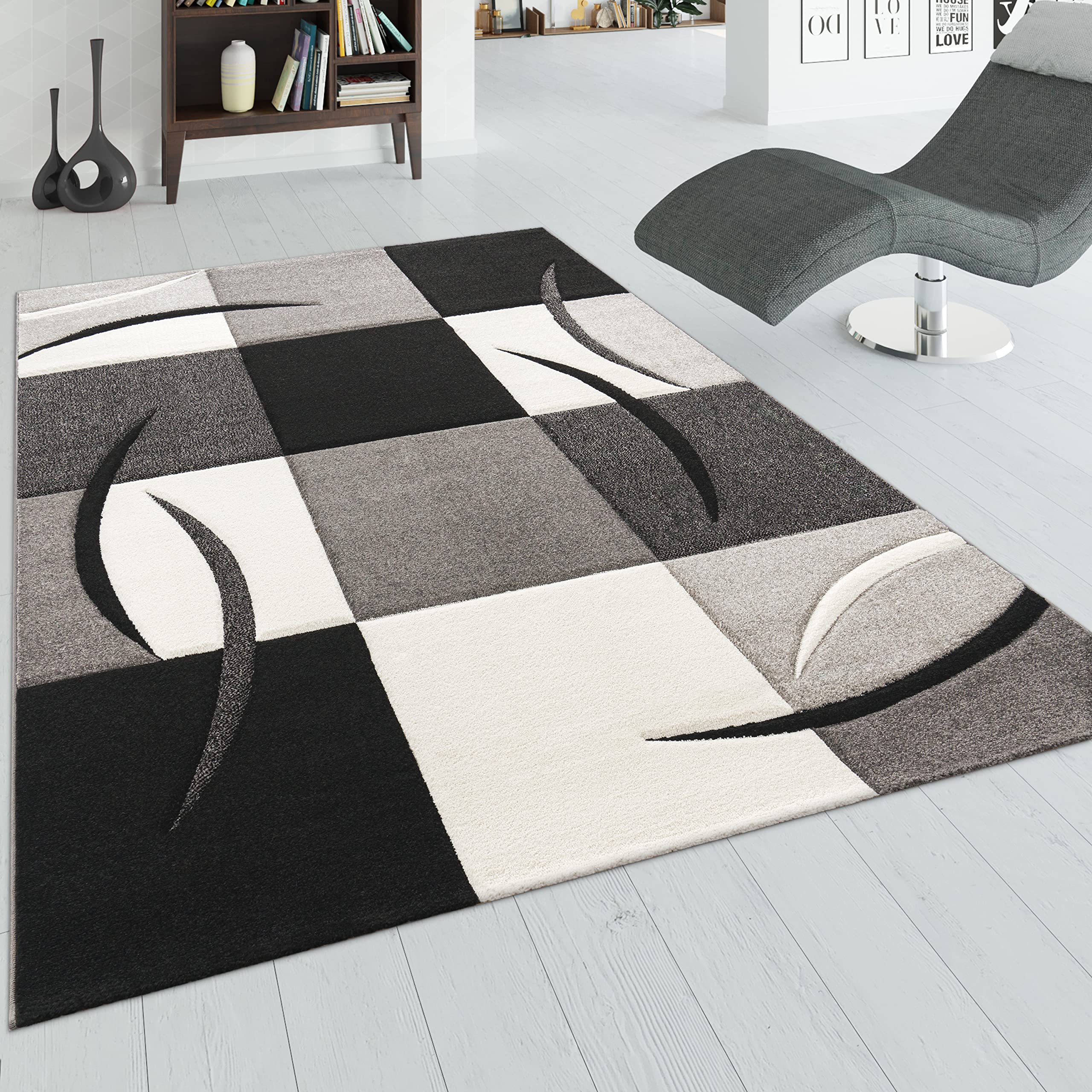 paco-home-designer-kurzflor-teppich-120x170-cm-schwarz-weiss-grau-kariert image 1