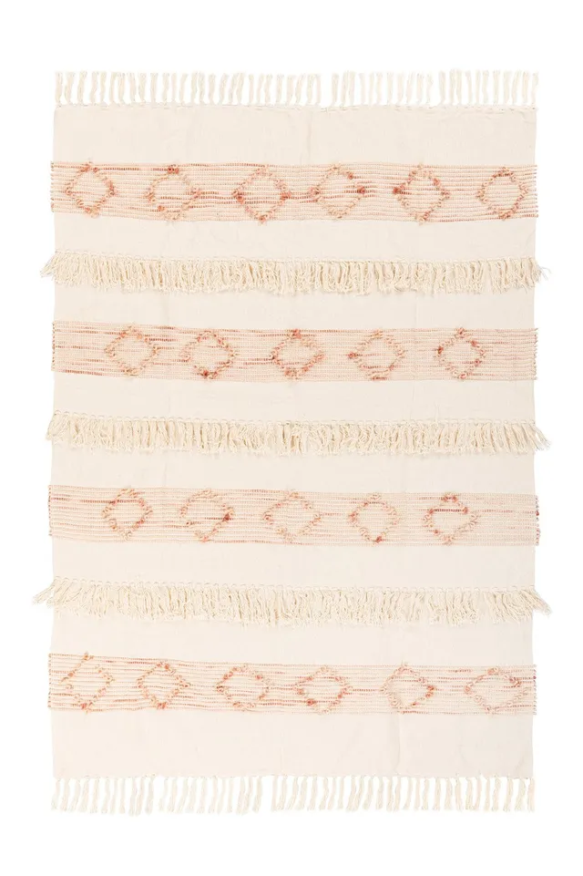 kayoom-decke-bohist-225-rosa-creme-wolle-boho-style-mit-fransen-und-quasten image 1
