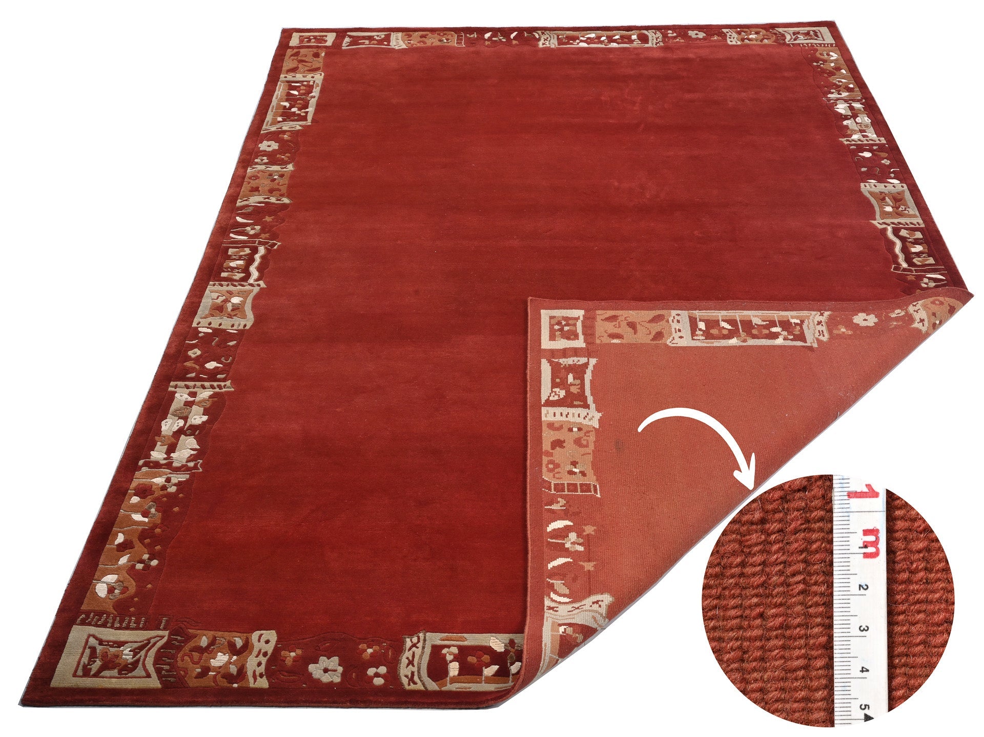 weconhome-handgekn-pfter-tibeter-teppich-rot-mit-retro-bord-re image 2