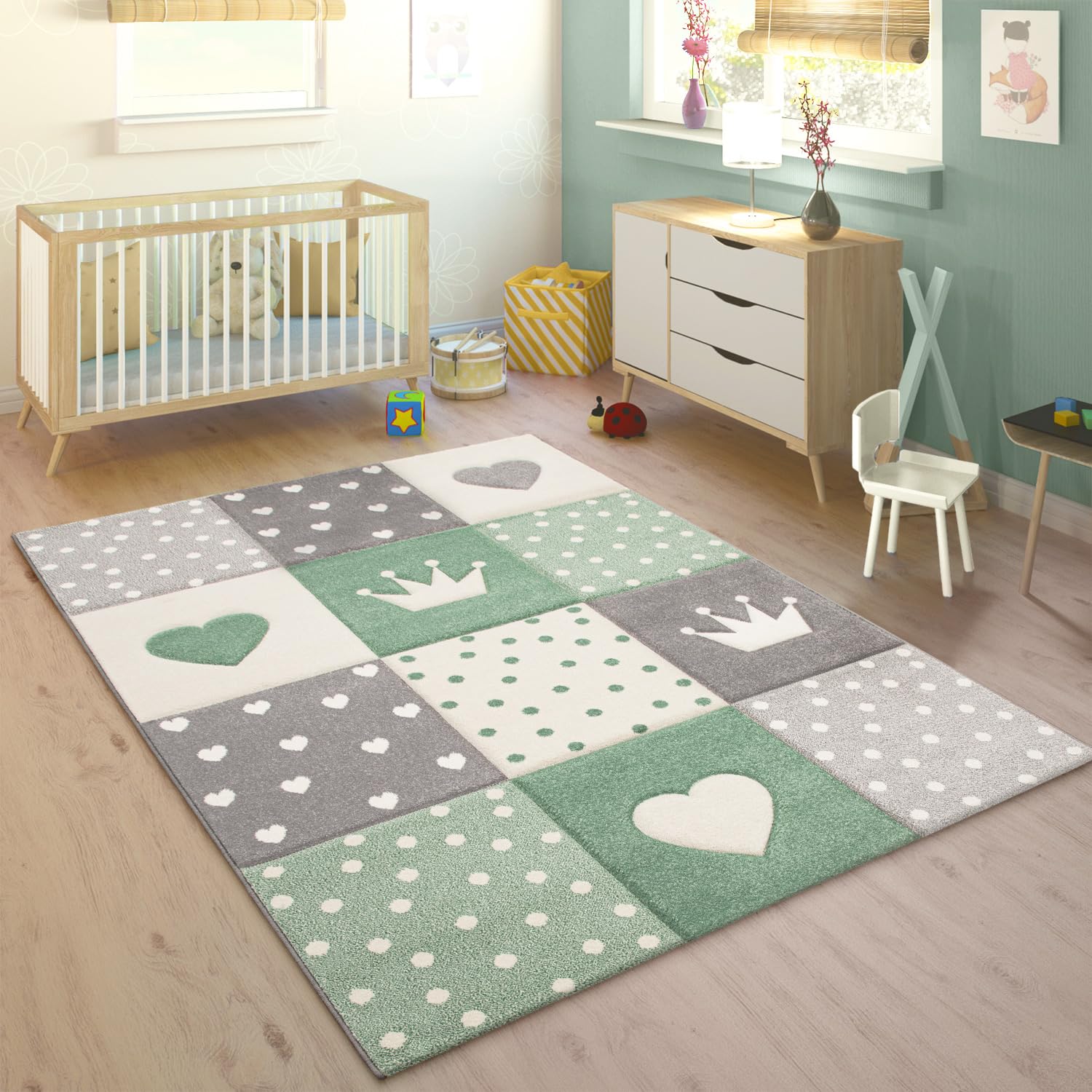 paco-home-ela-kinderteppich-karo-punkte-herzen-sterne-160x230-cm-pastell-gr-n-gr image 1