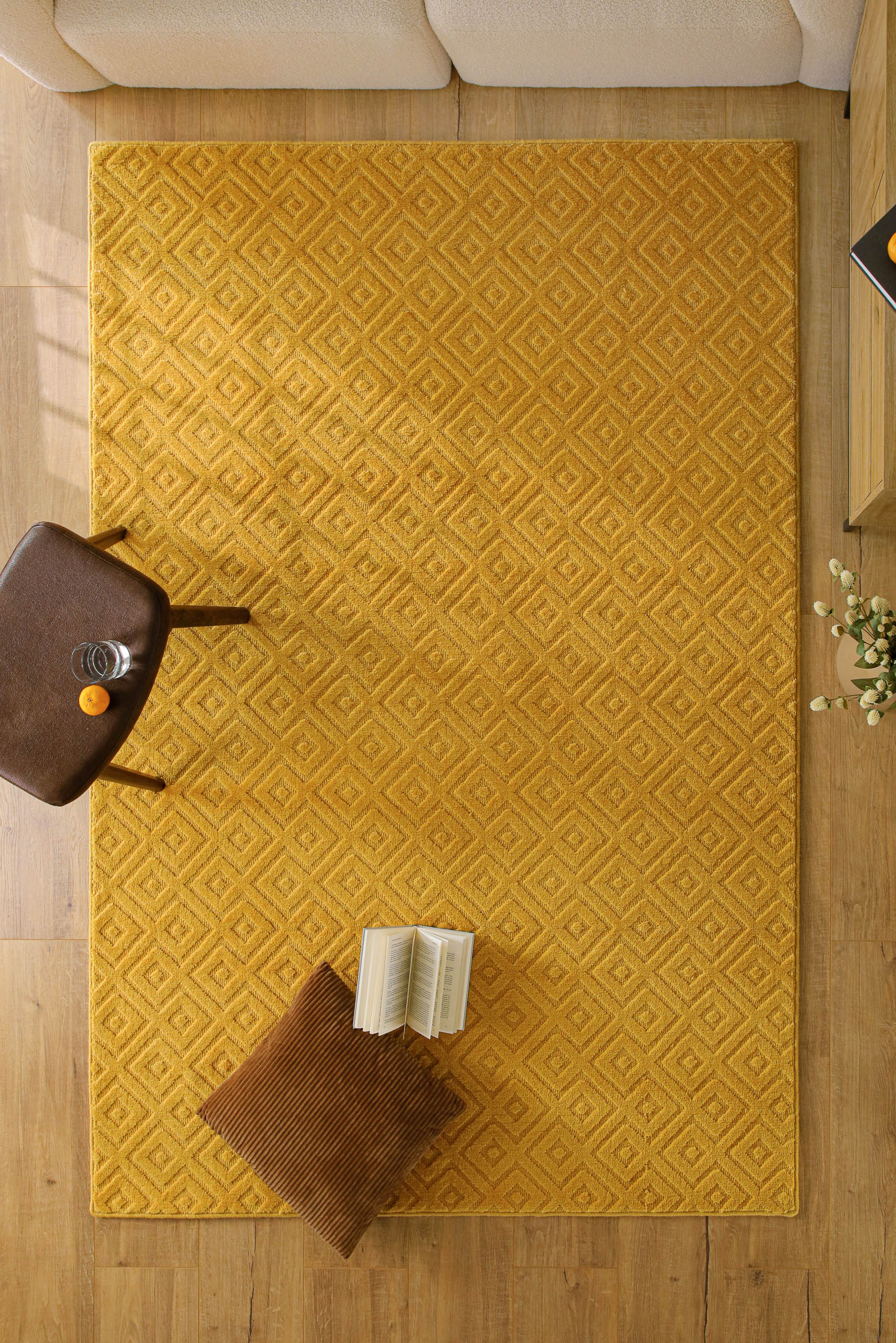 weconhome-kurzflor-teppich-castello-two-gelb-handgewebte-schurwolle-grafisches-r image 4