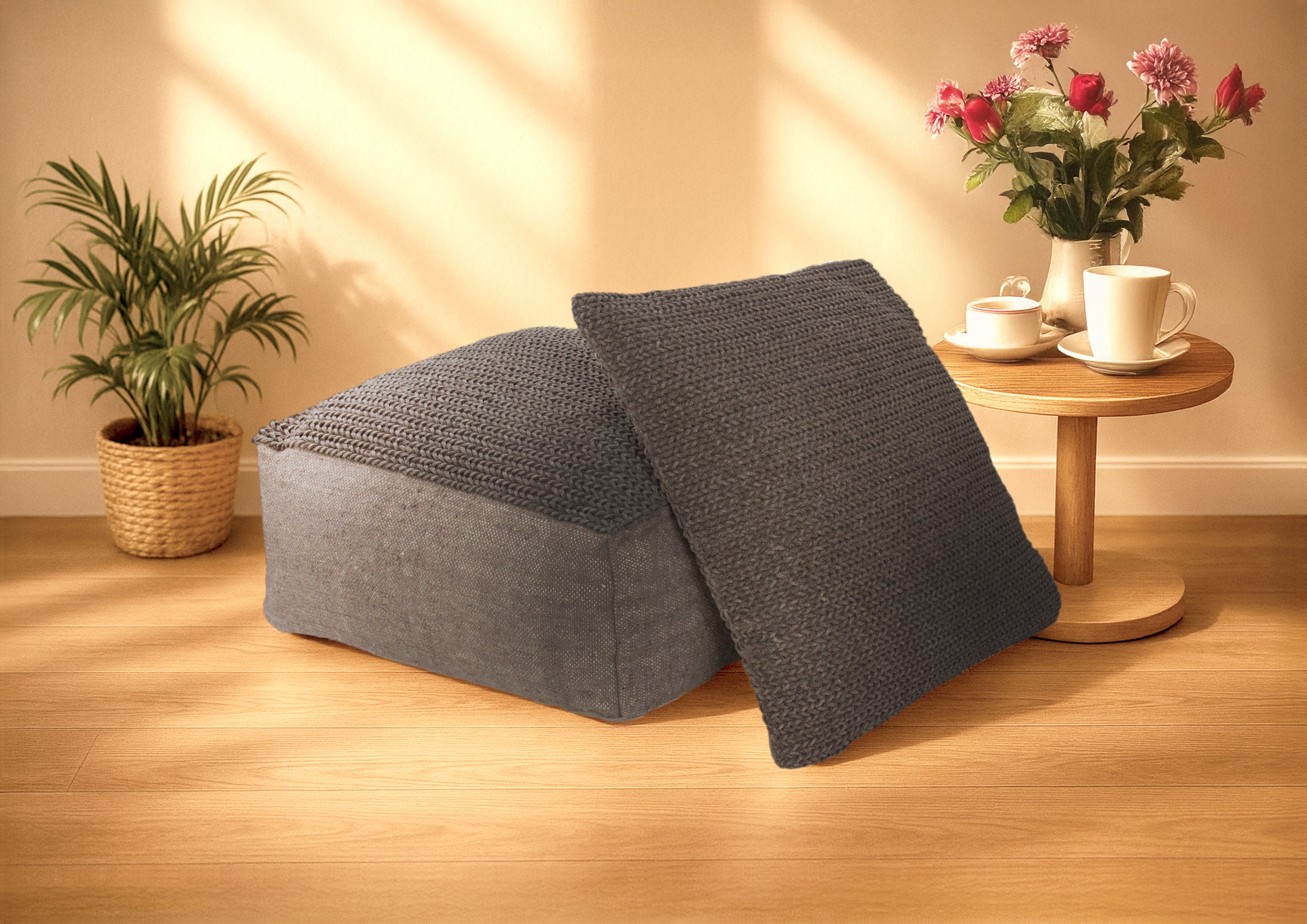 kayoom-shaun-210-sitzkissen-set-mit-pouf-handgefertigt-grau-polyester-baumwoll-m image 3