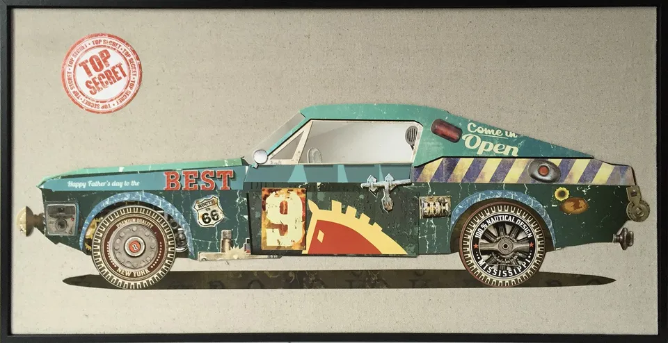 kayoom-papier-wandbild-rennwagen-ii-82x42-cm-vintage-pop-art-collage-mit-schwarz image 1