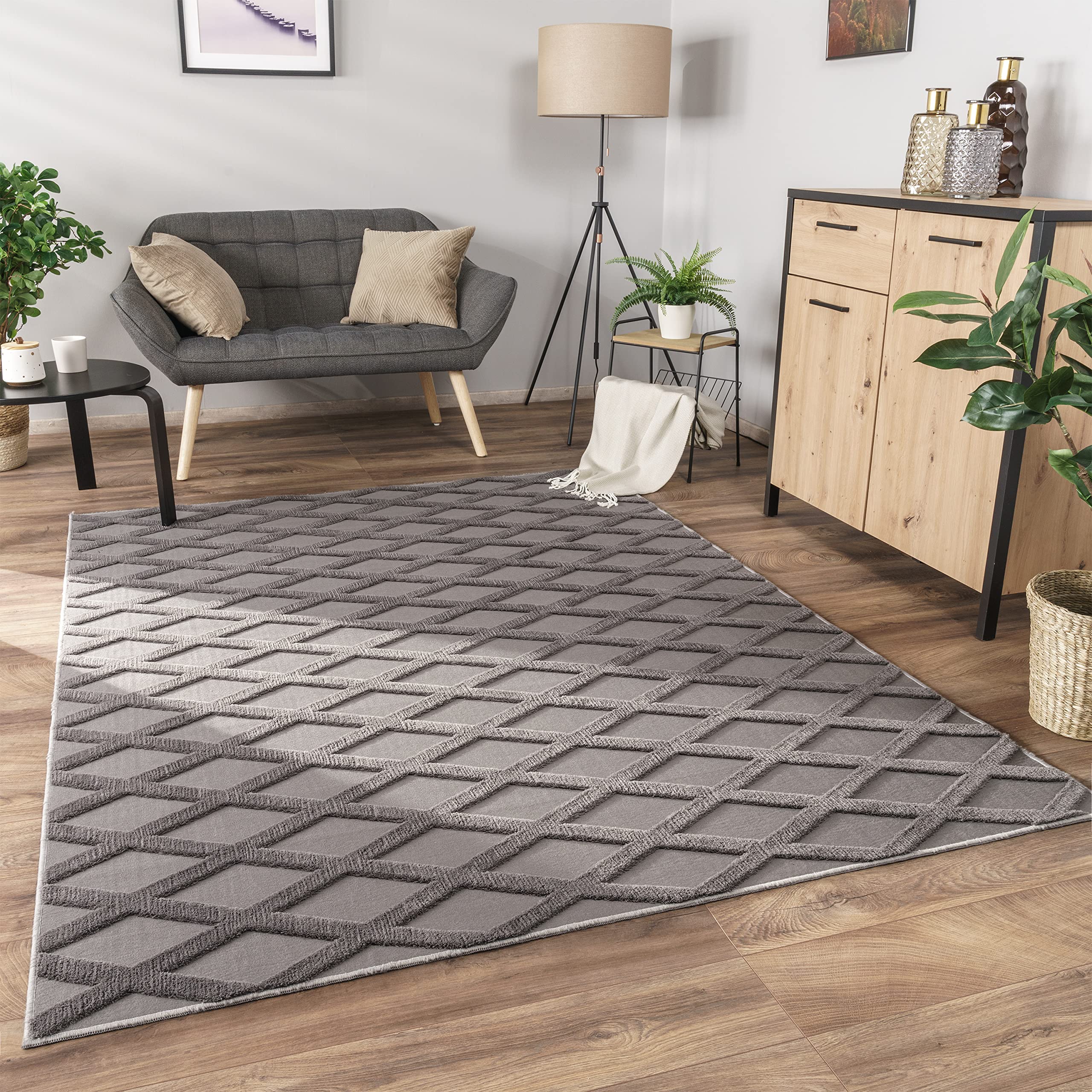 paco-home-metro-kurzflor-teppich-160x220-cm-anthrazit-rauten-3d image 1