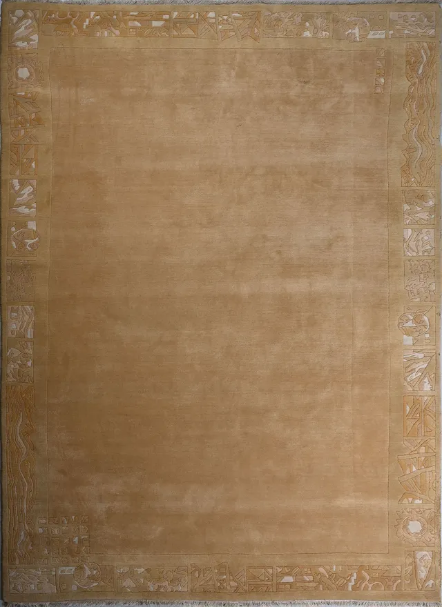 weconhome-handgekn-pfter-tibeter-teppich-gold-gelb-mit-retro-bord-re-neuwertig-2 image 1