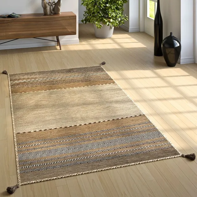 paco-home-kelim-teppich-60x110-cm-beige-handgewebter-baumwollteppich-mit-fransen image 1