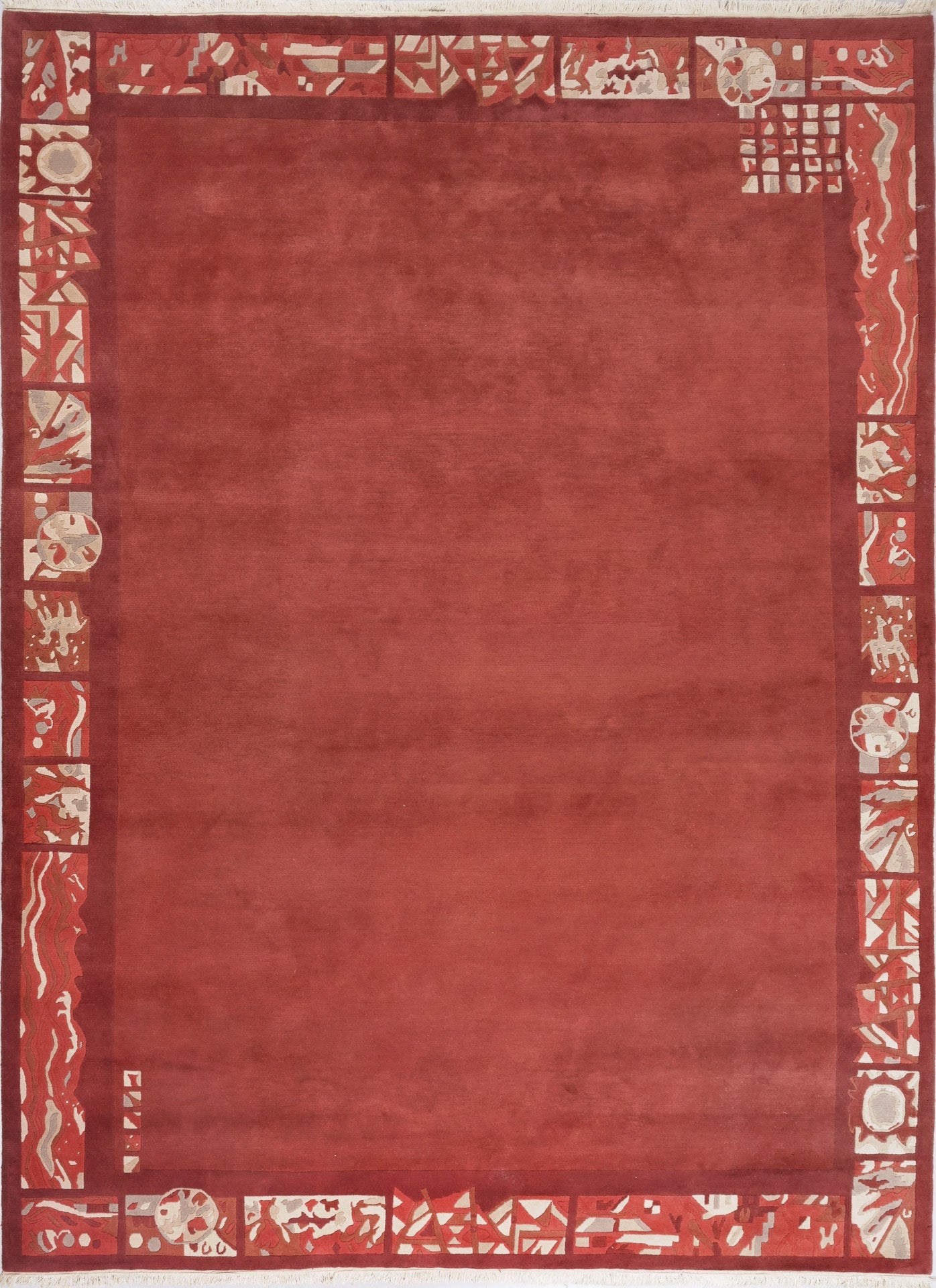 weconhome-handgekn-pfter-tibetischer-teppich-in-rot-mit-retro-bord-re-neuwertig- image 1