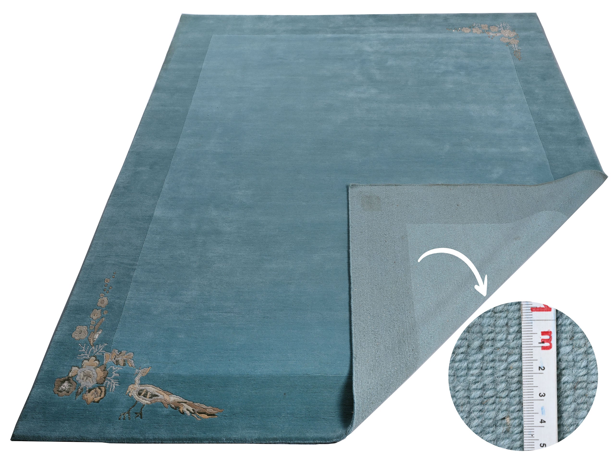 weconhome-handgekn-pfter-tibeter-teppich-gr-n-mit-retro-bord-re-neuwertig-vintag image 2