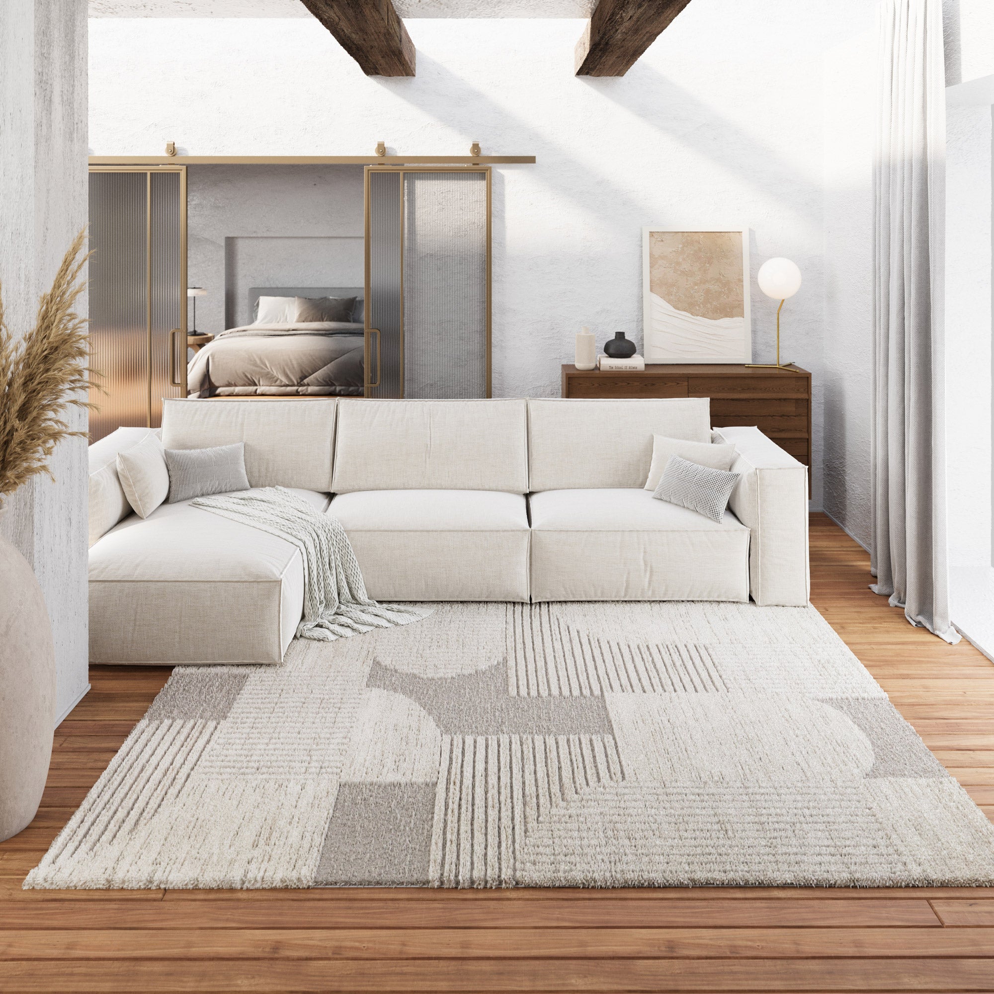 weconhome-kurzflor-teppich-mats-creme-beige-retro image 1